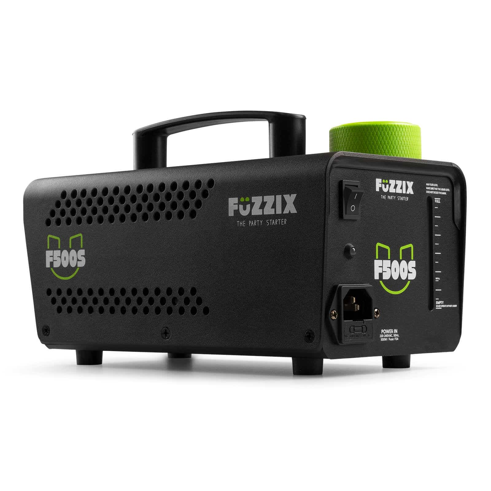 Una máquina de niebla Fuzzix F500S negra con detalles verdes, asa, entrada de alimentación e interruptor.