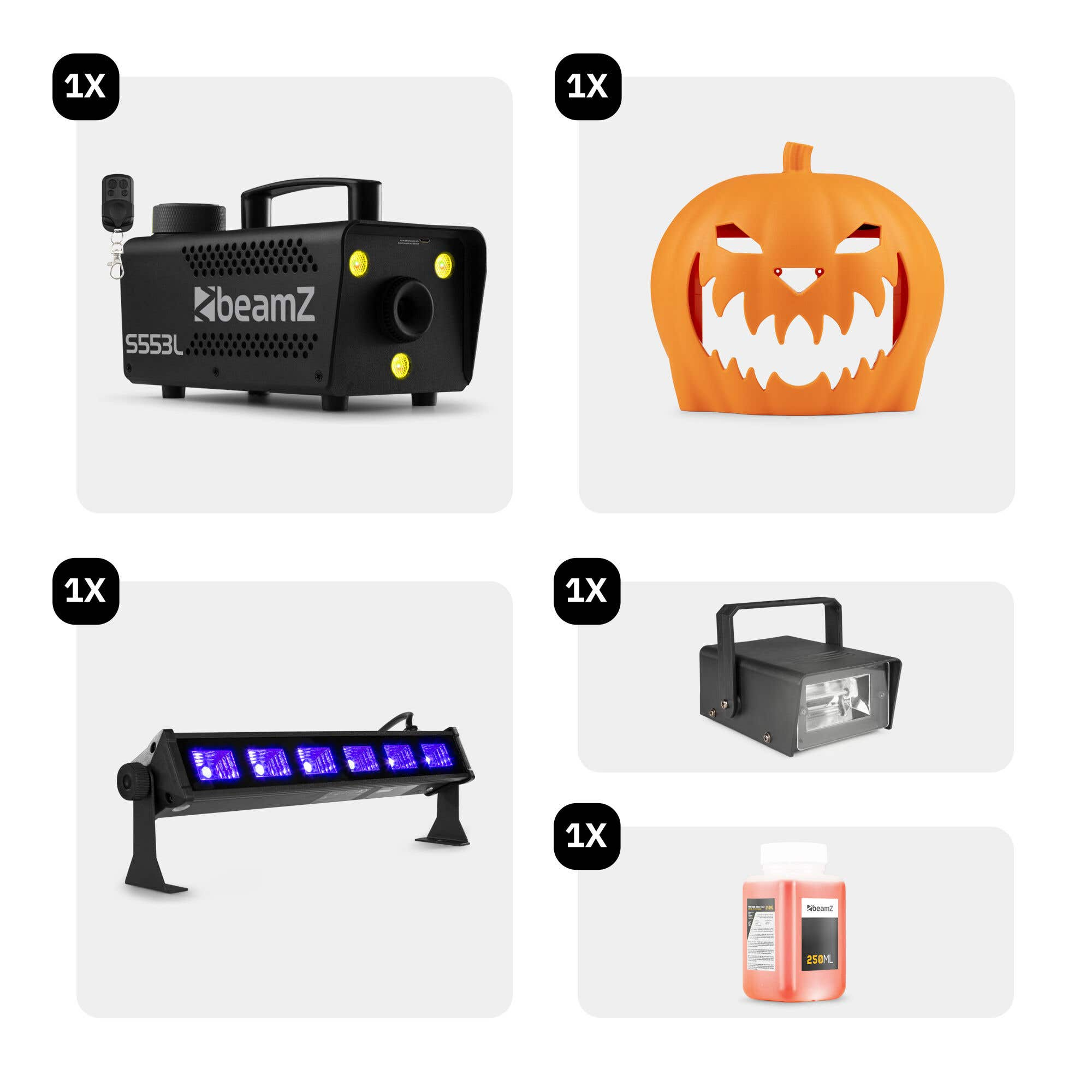 Máquina de humo negra Beamz, decoración de calabaza naranja, barra de luz UV, luz láser negra y una botella de líquido rojo.