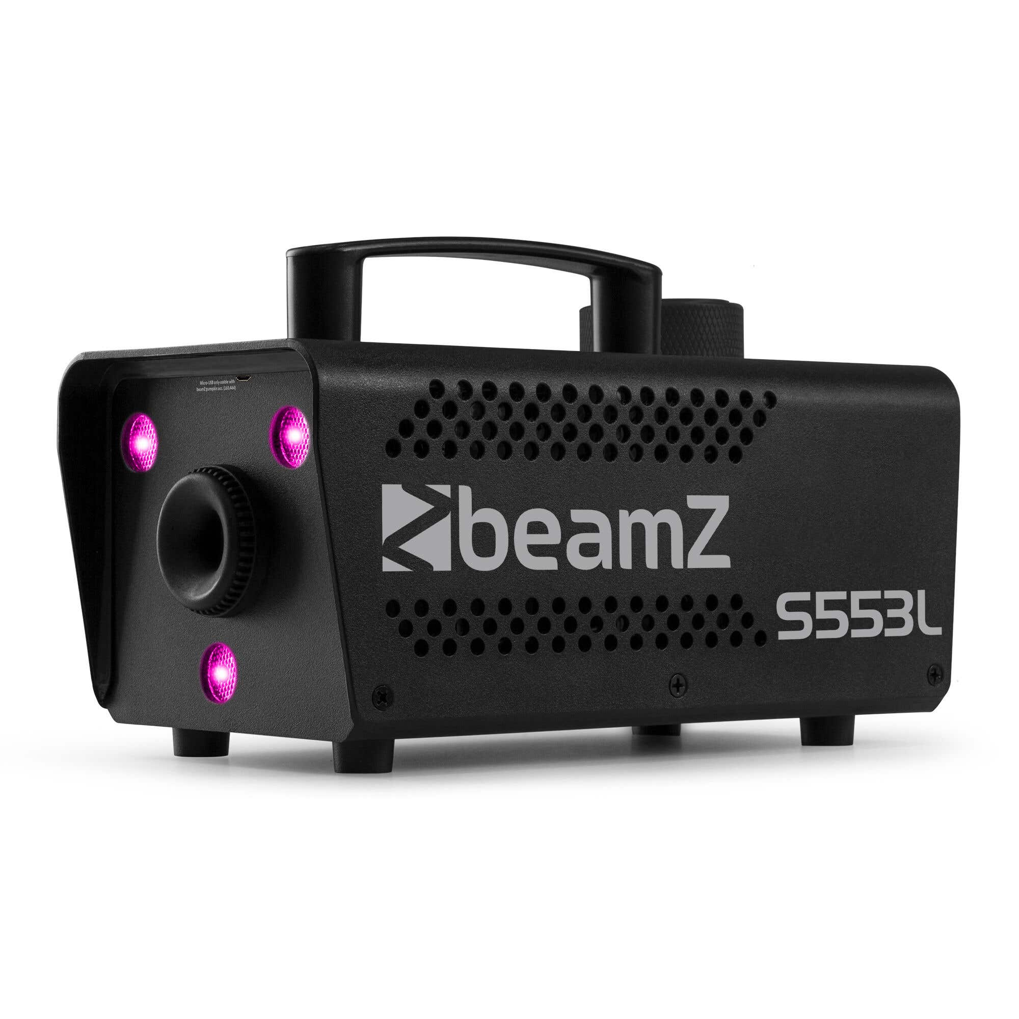 Máquina de niebla negra beamZ S553L. Tiene asa, luces rosas y boquilla frontal.
