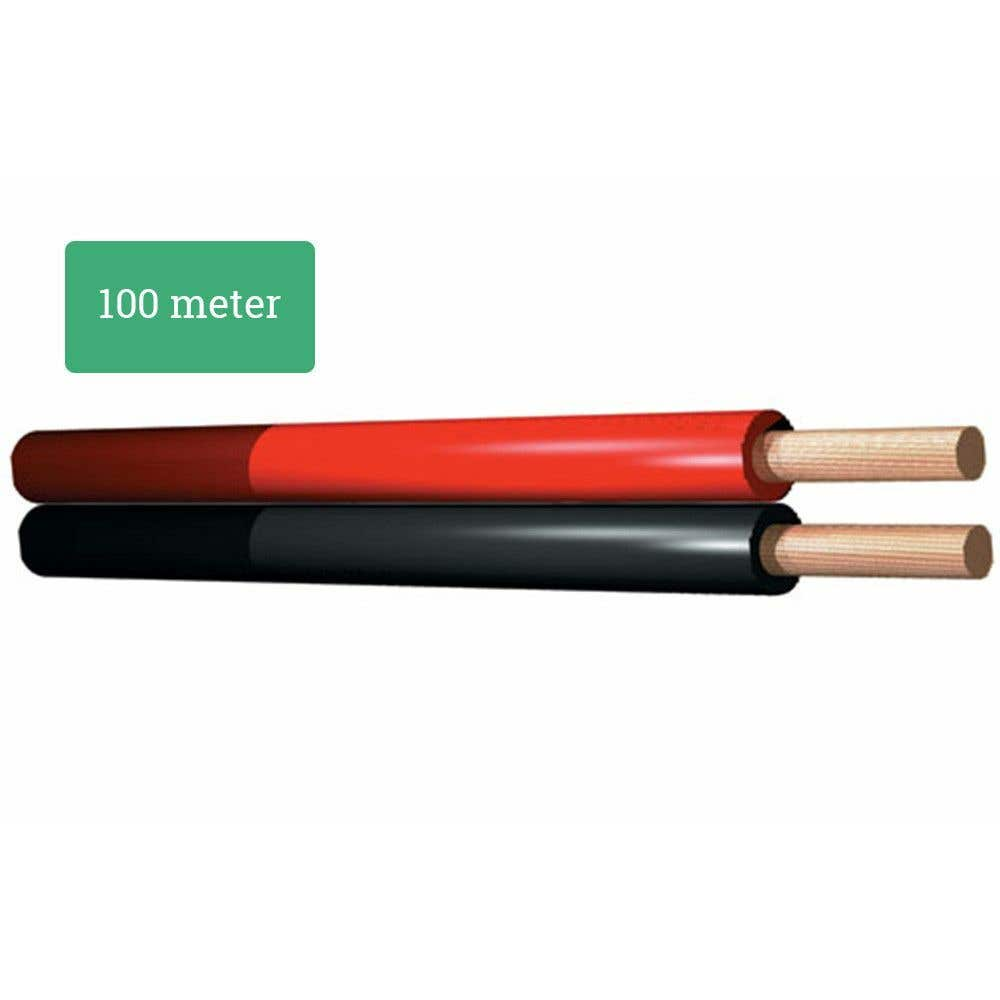 Dos cables eléctricos: rojo y negro, con extremos de cobre expuestos. Un rectángulo verde con '100 metros'.