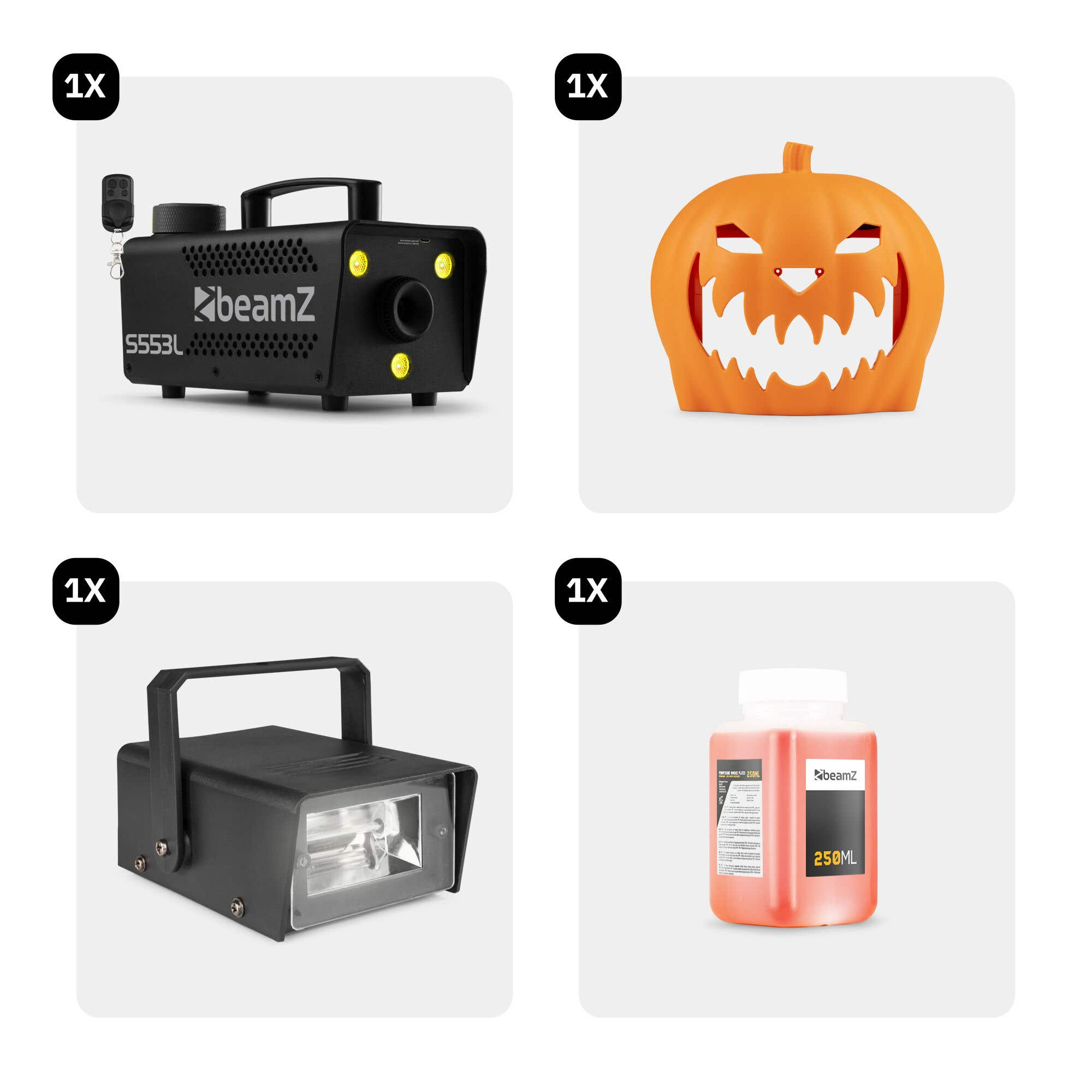La imagen muestra una máquina de humo, una decoración de calabaza, una luz de escenario y una botella de líquido de niebla sobre fondo blanco.