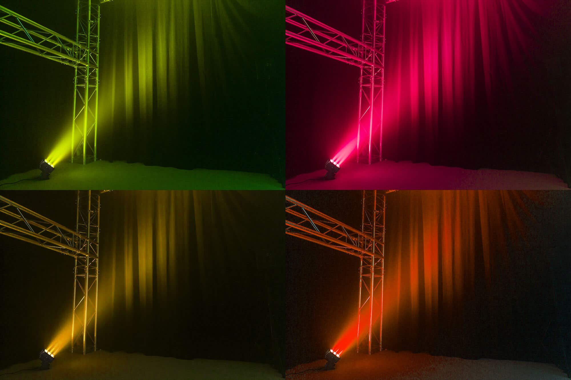 Cuatro secciones con focos verdes, rojos, amarillos y naranjas. Estructura metálica y cortinas oscuras al fondo.
