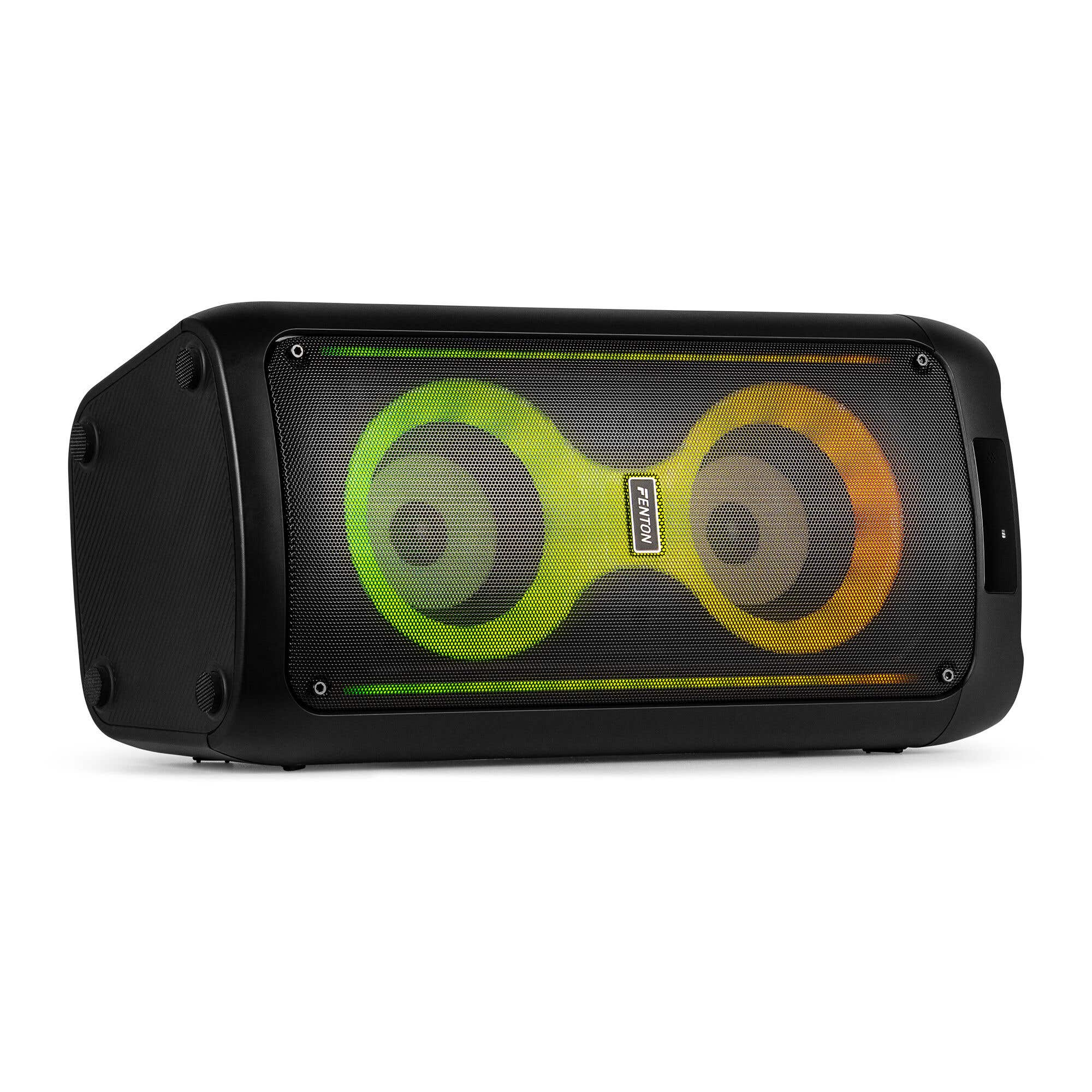 Un altavoz negro con frontal de malla. Dentro, dos círculos brillan en verde y naranja. El logo 'Fenton' está en el medio.
