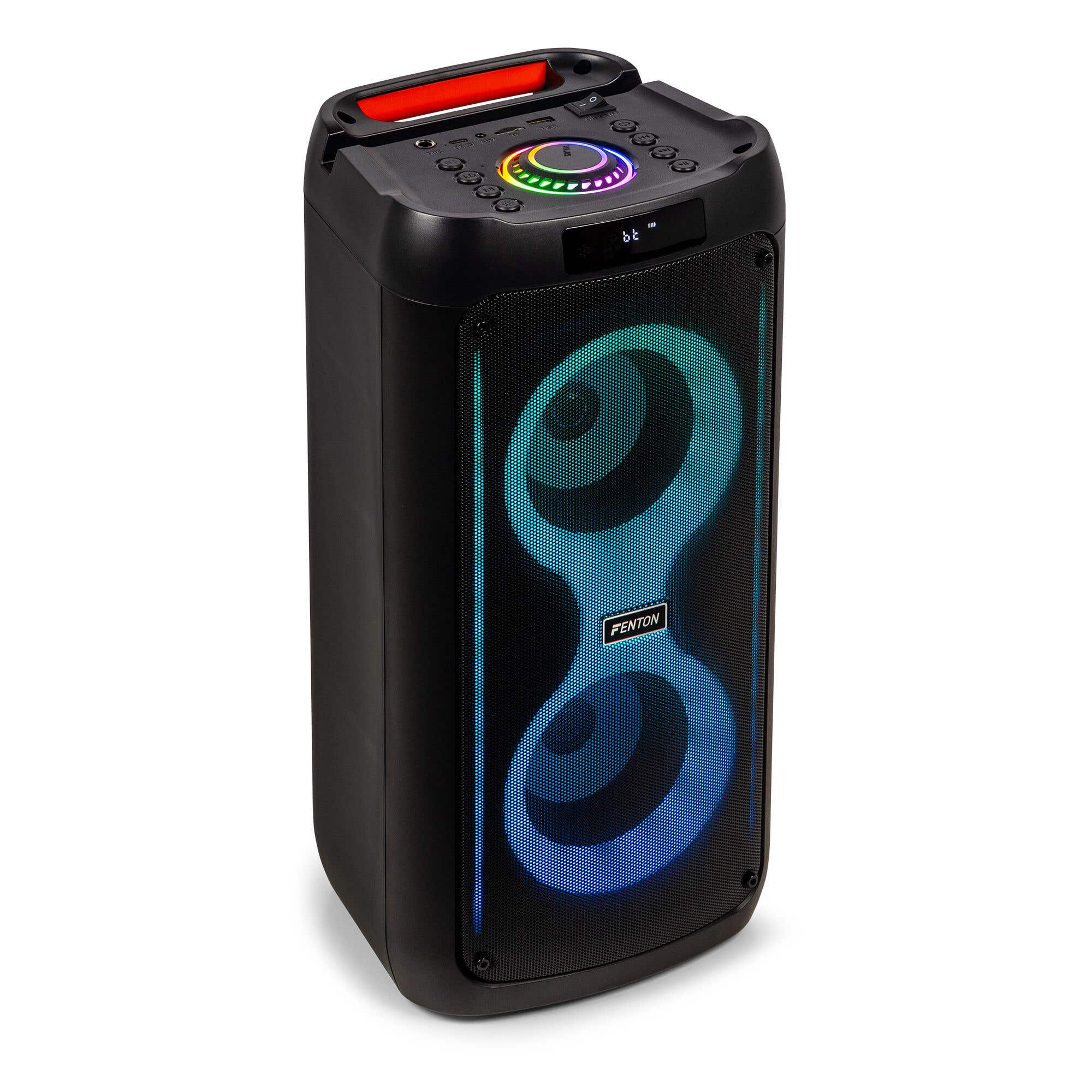 Altavoz negro con frontal de malla. Tiene un asa roja y luces brillantes. Logotipo 'Fenton' visible.
