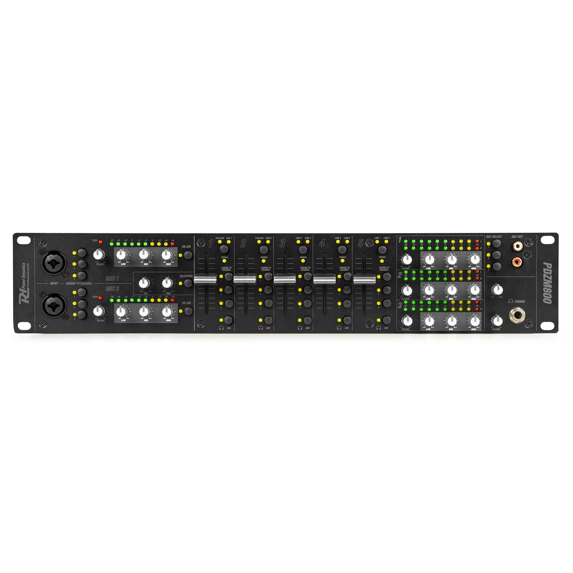 Mezclador de audio negro con múltiples perillas, controles deslizantes y botones. Cuenta con entradas, salidas y controles de canal. Modelo PDZM800.