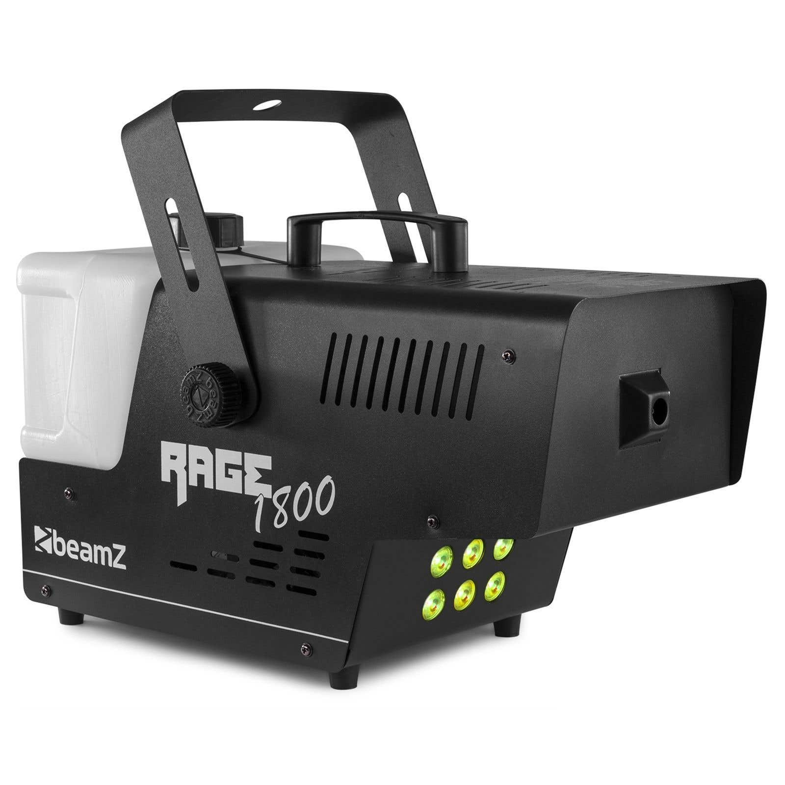 Máquina de niebla Beamz Rage 1800 negra con contenedor de líquido blanco, asa y luces verdes.