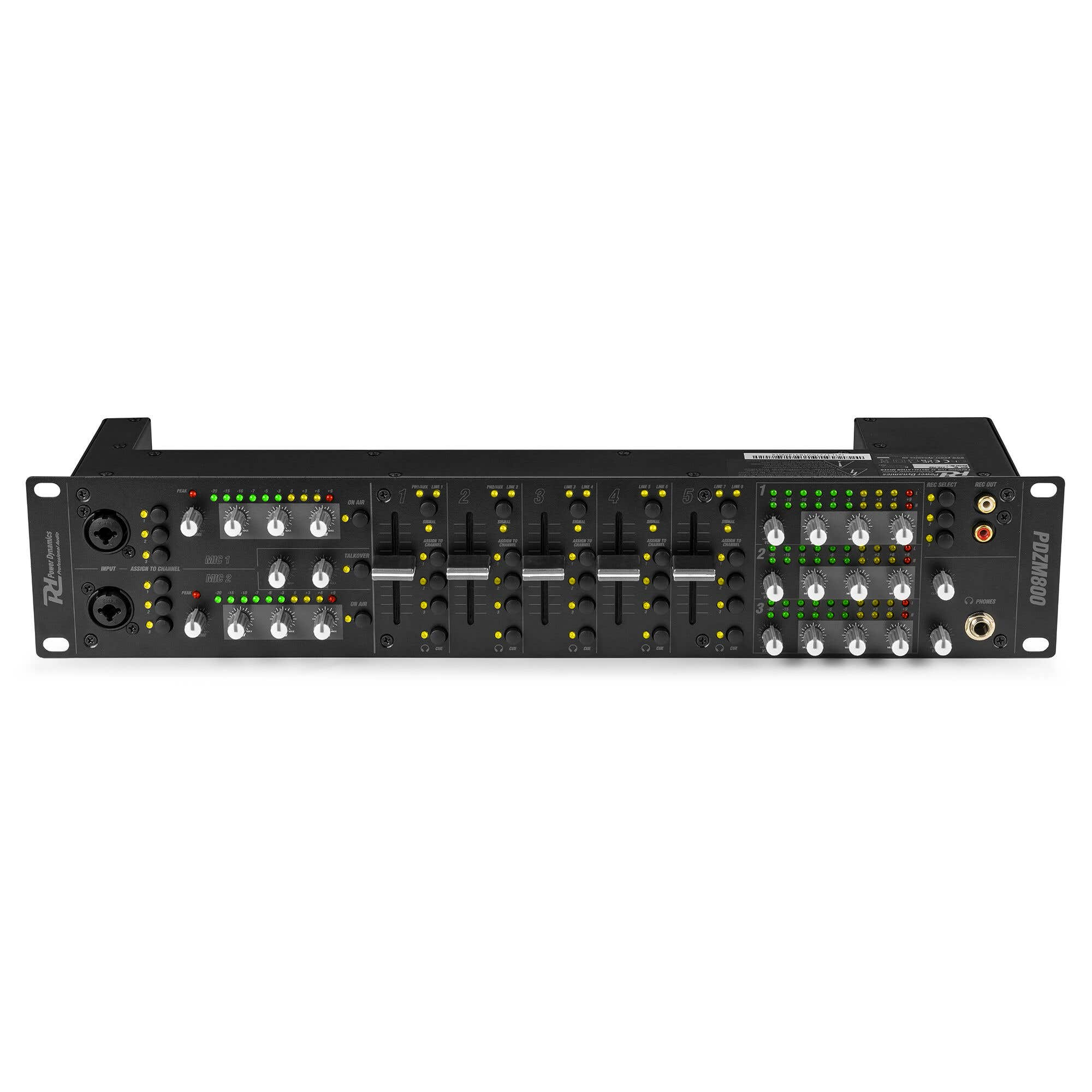 Mezclador de audio negro con perillas, deslizadores y conectores de entrada/salida. Diseño de audio profesional.