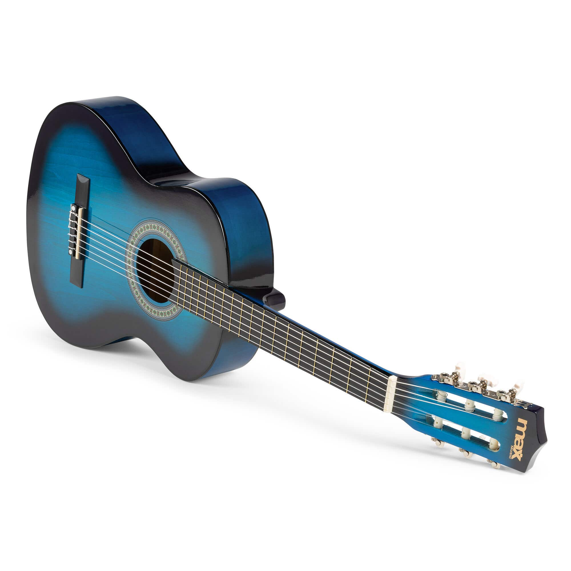 Una guitarra acústica azul está en ángulo sobre una superficie blanca. La guitarra tiene un color degradado y el clavijero dice 'max music'.