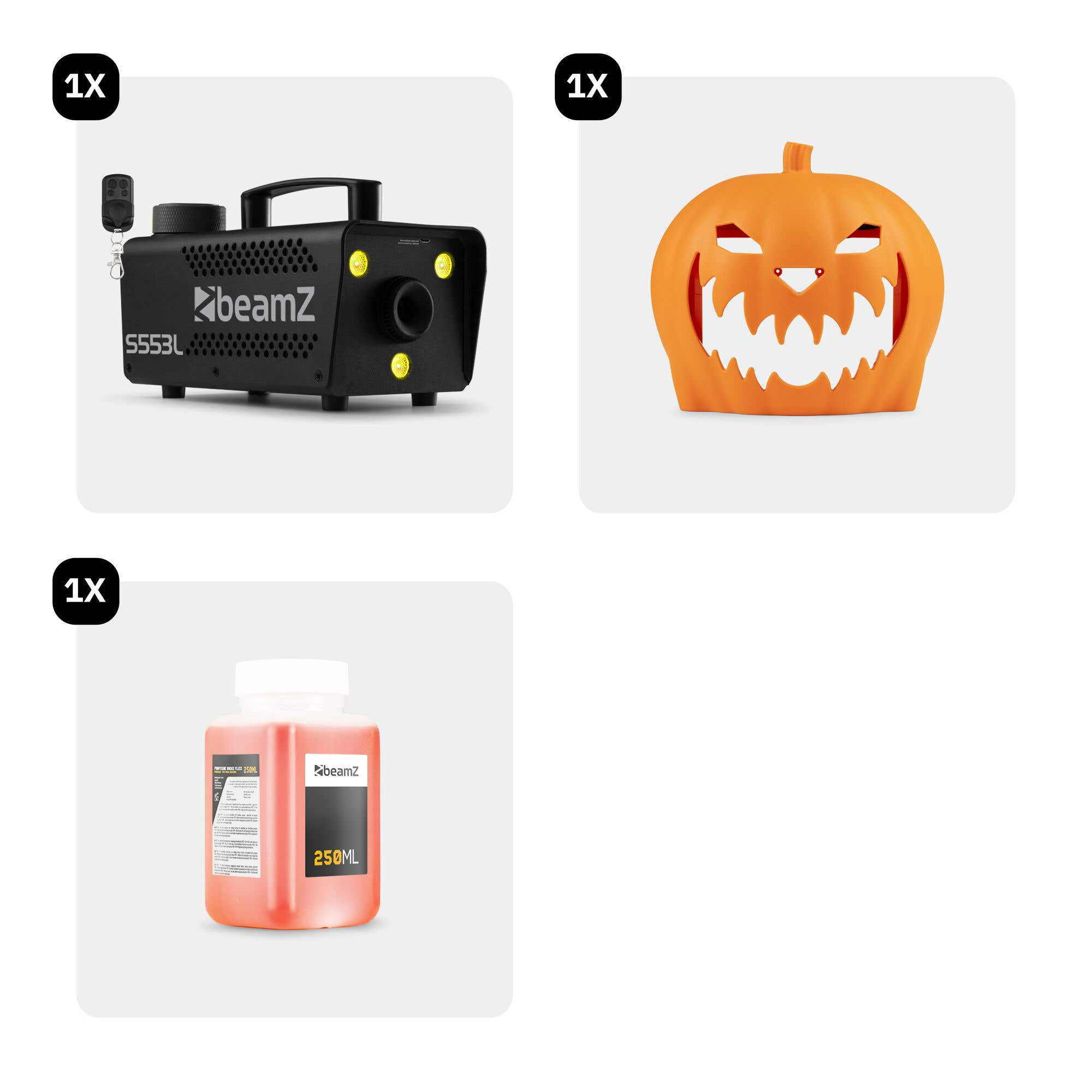 La imagen muestra una máquina de humo, una calabaza tallada y una botella de líquido de humo. Todo para Halloween.