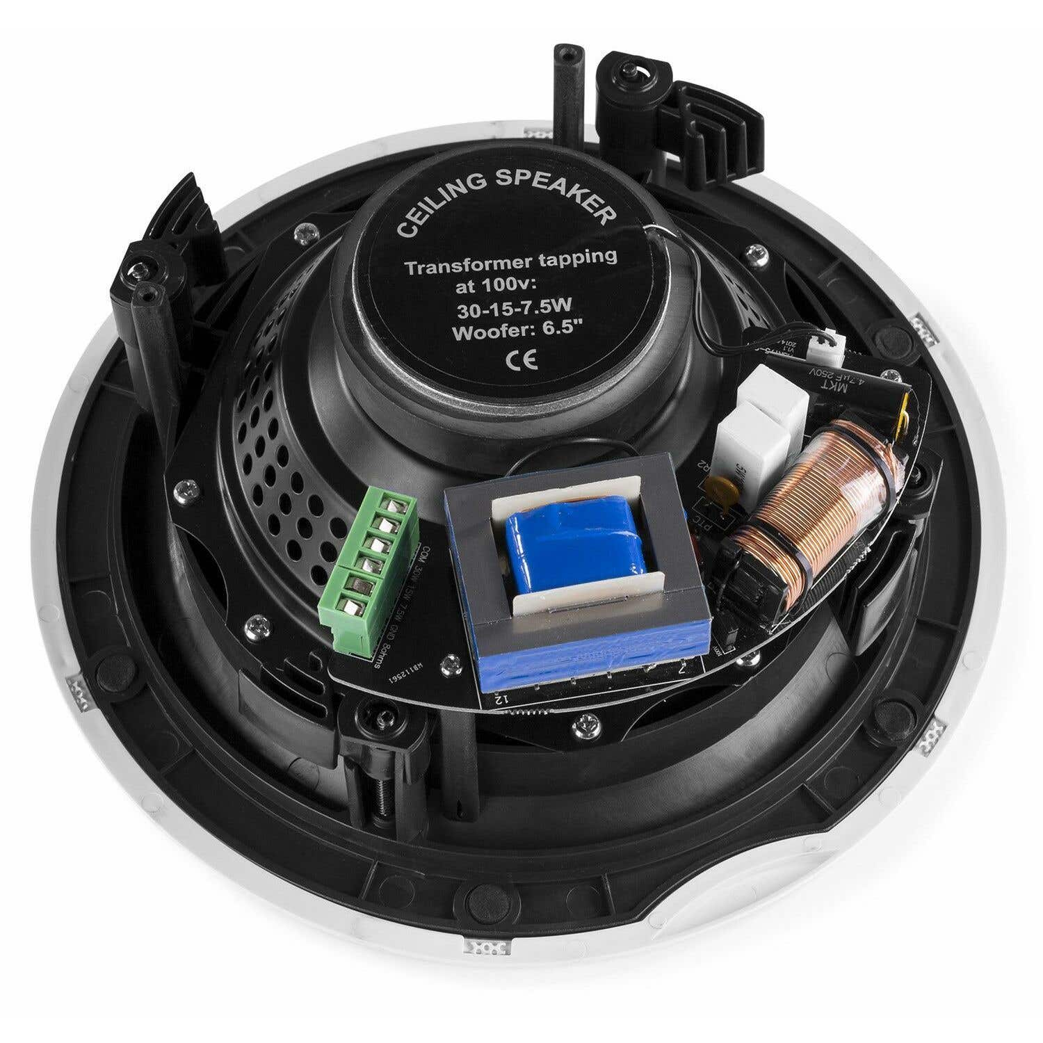Altavoz de techo con componentes visibles. Incluye un transformador, una placa de circuito y un woofer. El altavoz es blanco y negro.