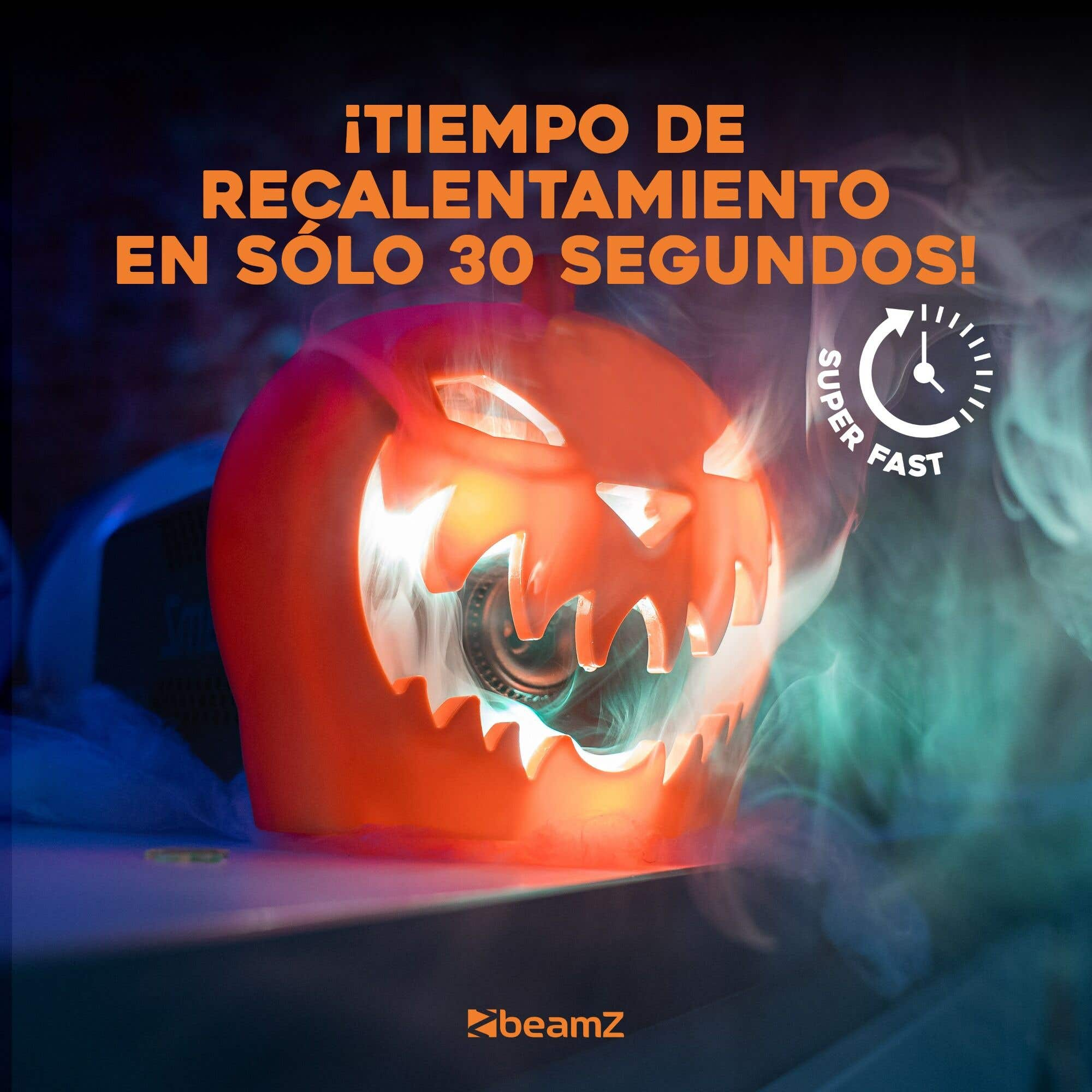 Una calabaza naranja con una cara brillante. El texto dice 'Recalentamiento en solo 30 segundos!'. Un reloj muestra 'Super Fast'.