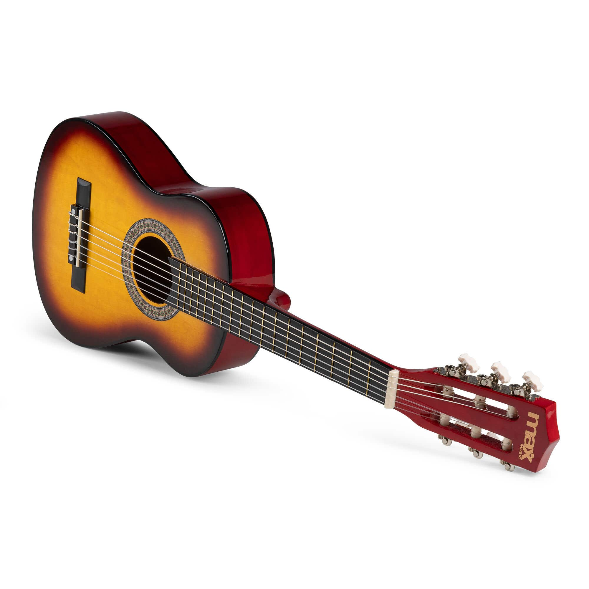 Guitarra acústica con cuerpo marrón-amarillo y mástil rojo, inclinada sobre un fondo blanco.