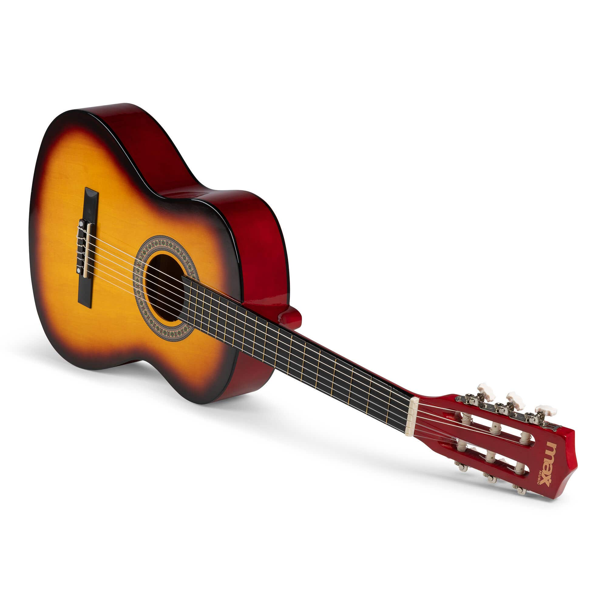 Guitarra acústica con acabado sunburst y detalles rojos, en ángulo. El fondo es blanco.