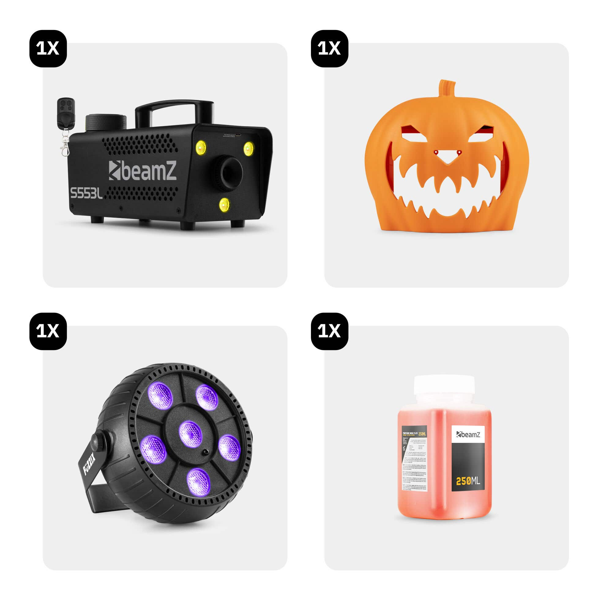 Una máquina de niebla beamZ negra con mando a distancia, una decoración de calabaza naranja, una luz FIZZIK negra y una botella de 250 ml.