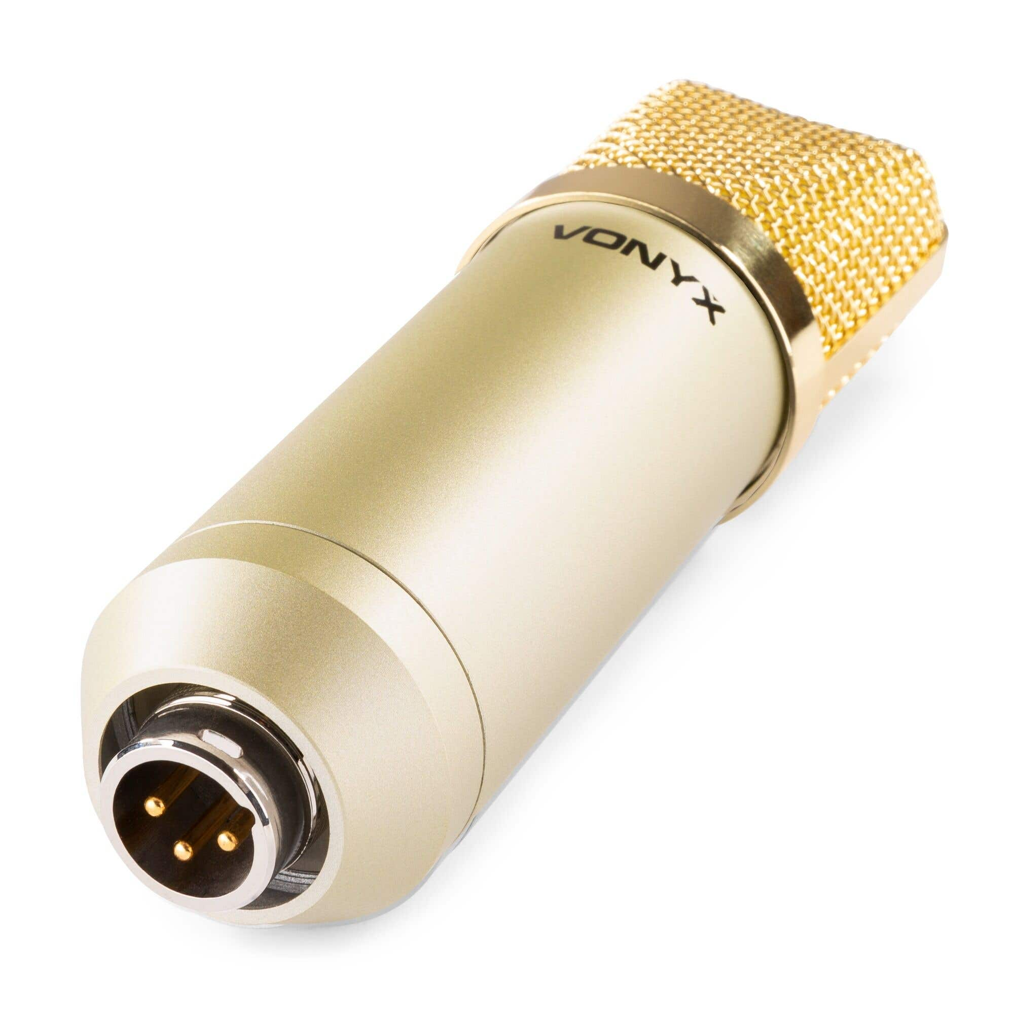 Een gouden Vonyx-microfoon op een witte achtergrond. Het heeft een mesh-kop en een zilveren connector aan de basis.