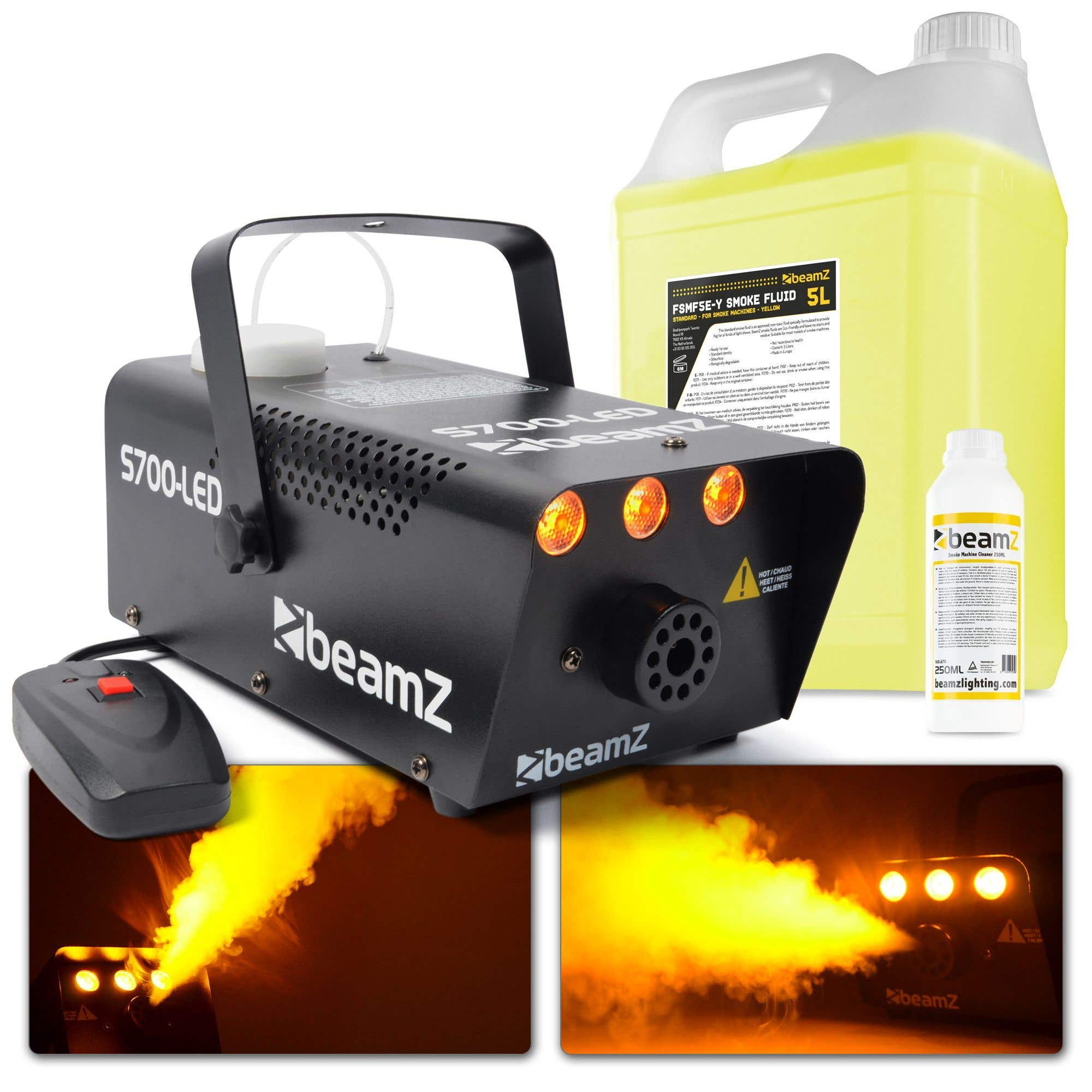 Se muestran una máquina de humo, líquido de humo y limpiador. La máquina es negra, con humo amarillo que sale de ella.
