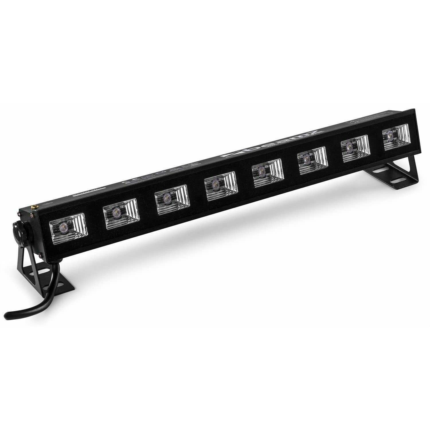 Una barra de luz LED negra con ocho luces individuales. Tiene un soporte negro y un cable de alimentación. El fondo es blanco.