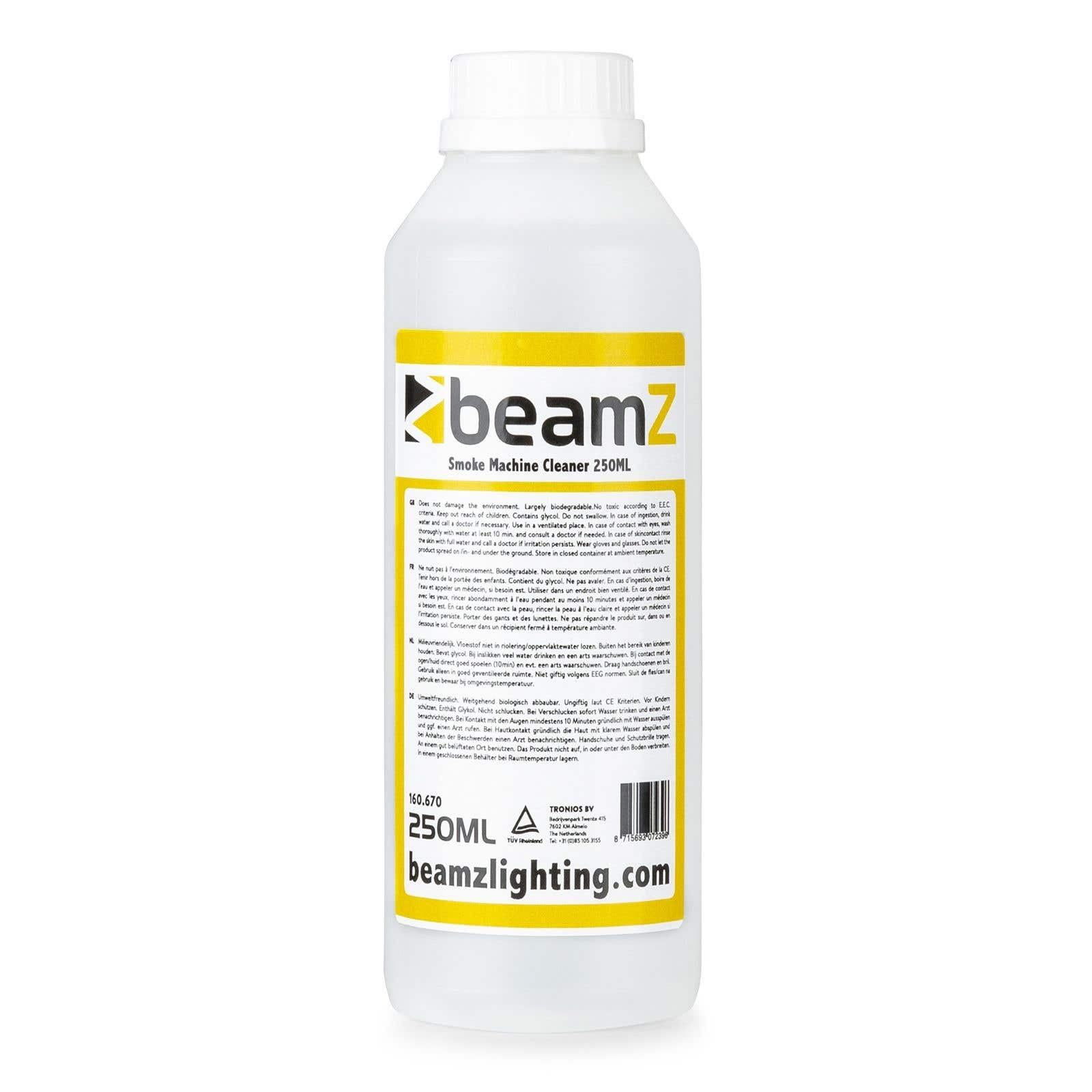 Botella blanca con etiqueta amarilla y negra. Texto: 'beamz' y 'Smoke Machine Cleaner'.