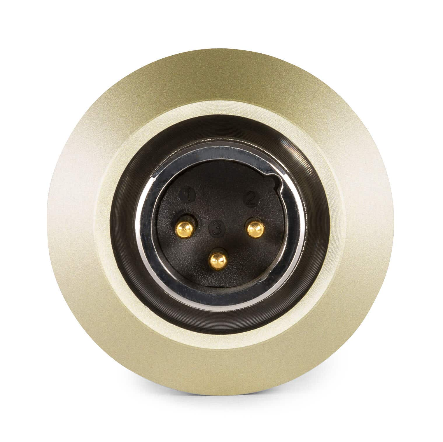 Close-up van een cirkelvormige goudkleurige XLR-connector. Het heeft een zwart interieur met drie gouden pinnen. De buitenste ring is lichtgoud.