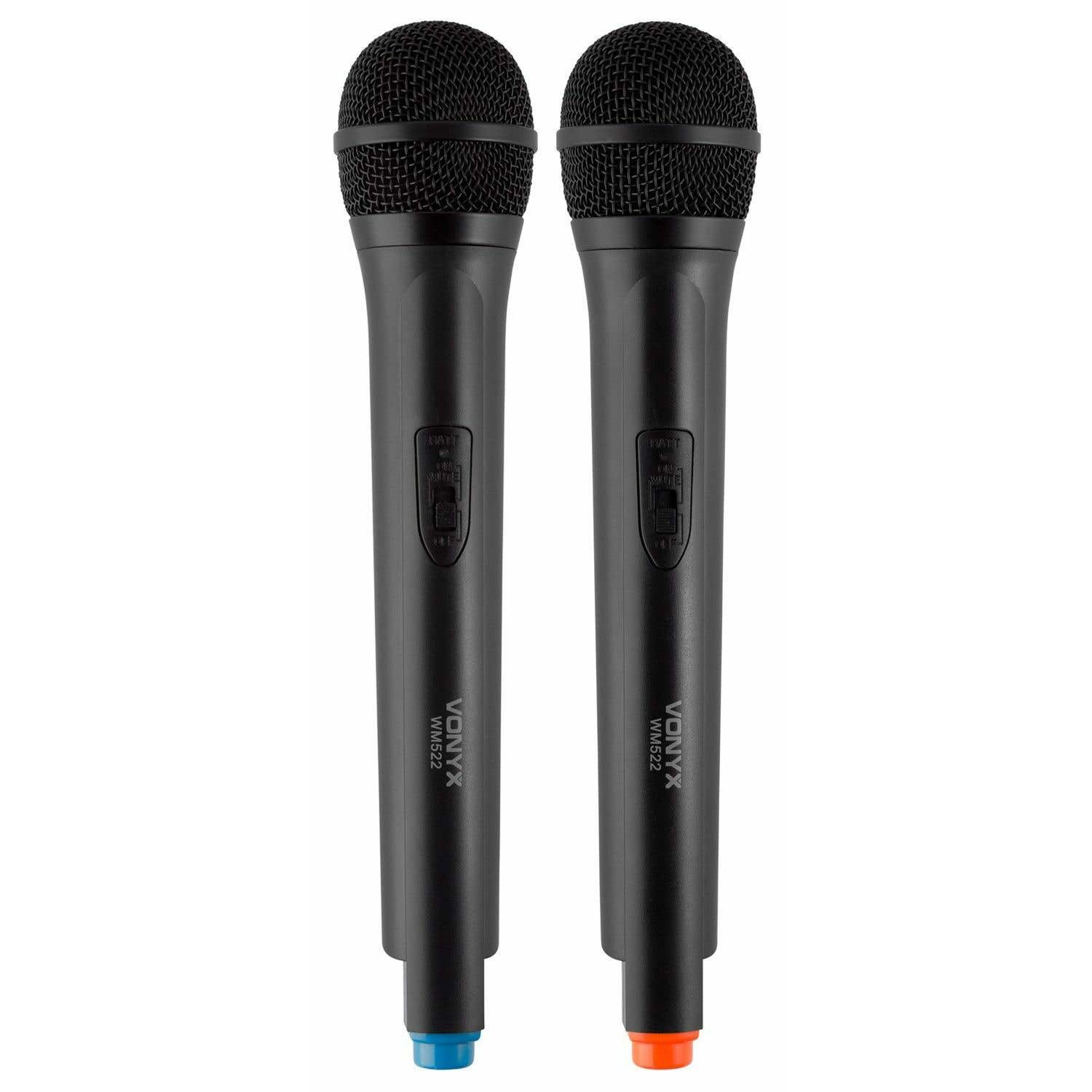 Two black microphones, side by side. Each has a mesh head, a body with a power switch, and a colored base: blue and orange.