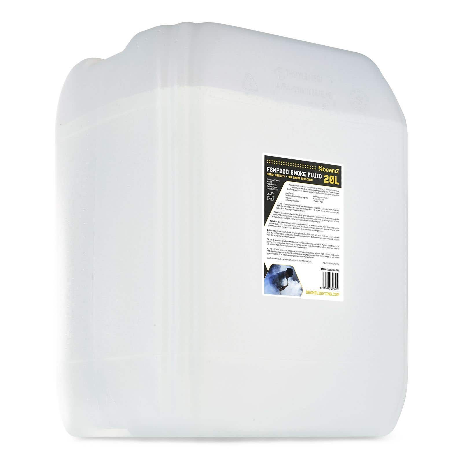 Un contenedor de plástico blanco de 20L de líquido de humo. Tiene una etiqueta con texto y el logo beamZ. El fondo es blanco.