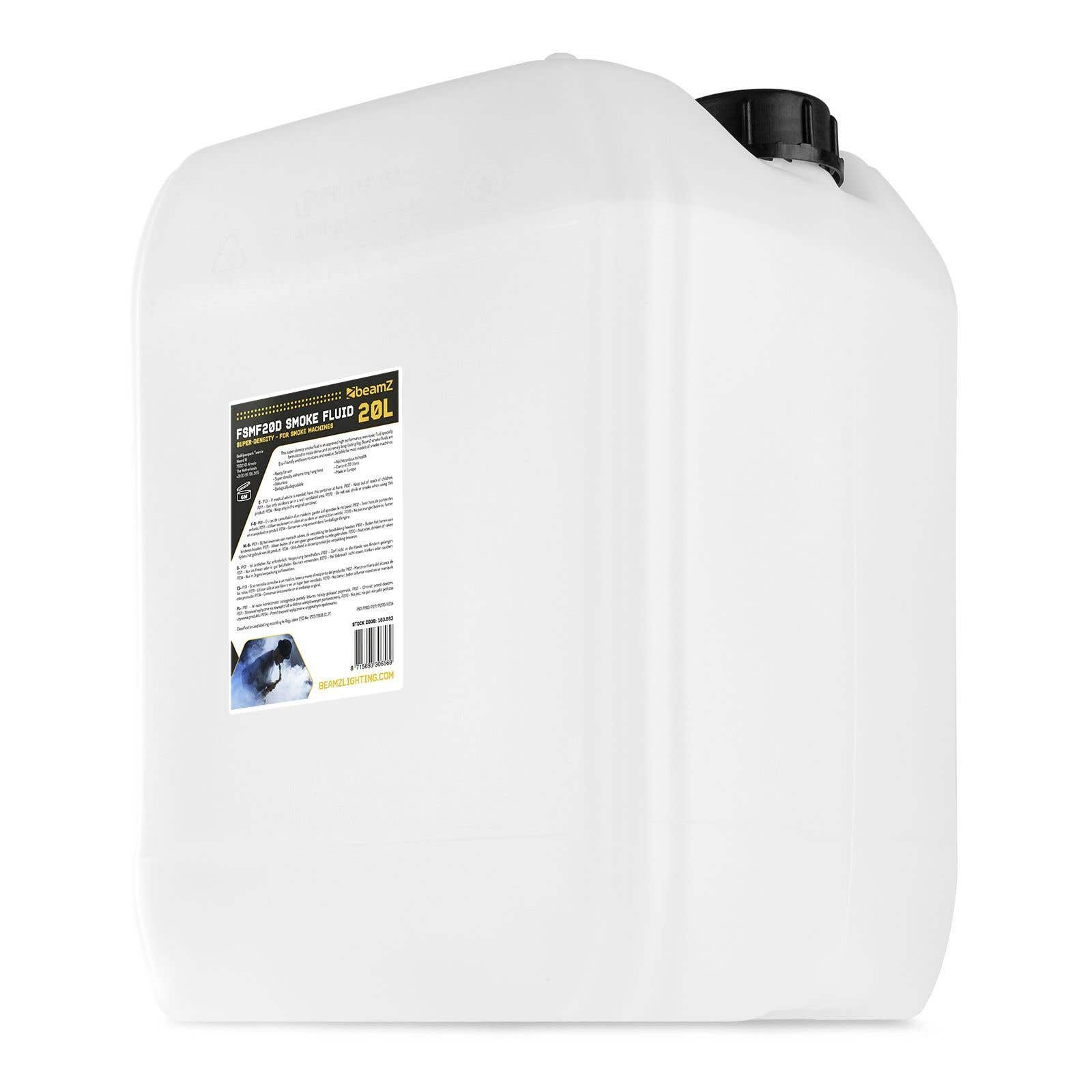 Un contenedor blanco etiquetado como FSMF20D SMOKE FLUID 20L. Tiene una tapa negra. La etiqueta proporciona información del producto.