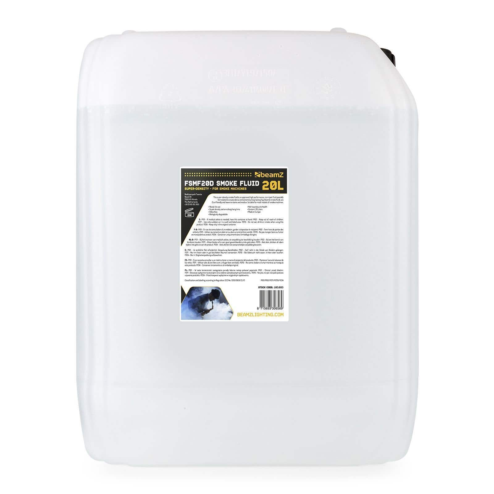 Un contenedor de 20L de líquido para humo, blanco con texto negro, logo Beamz e info.