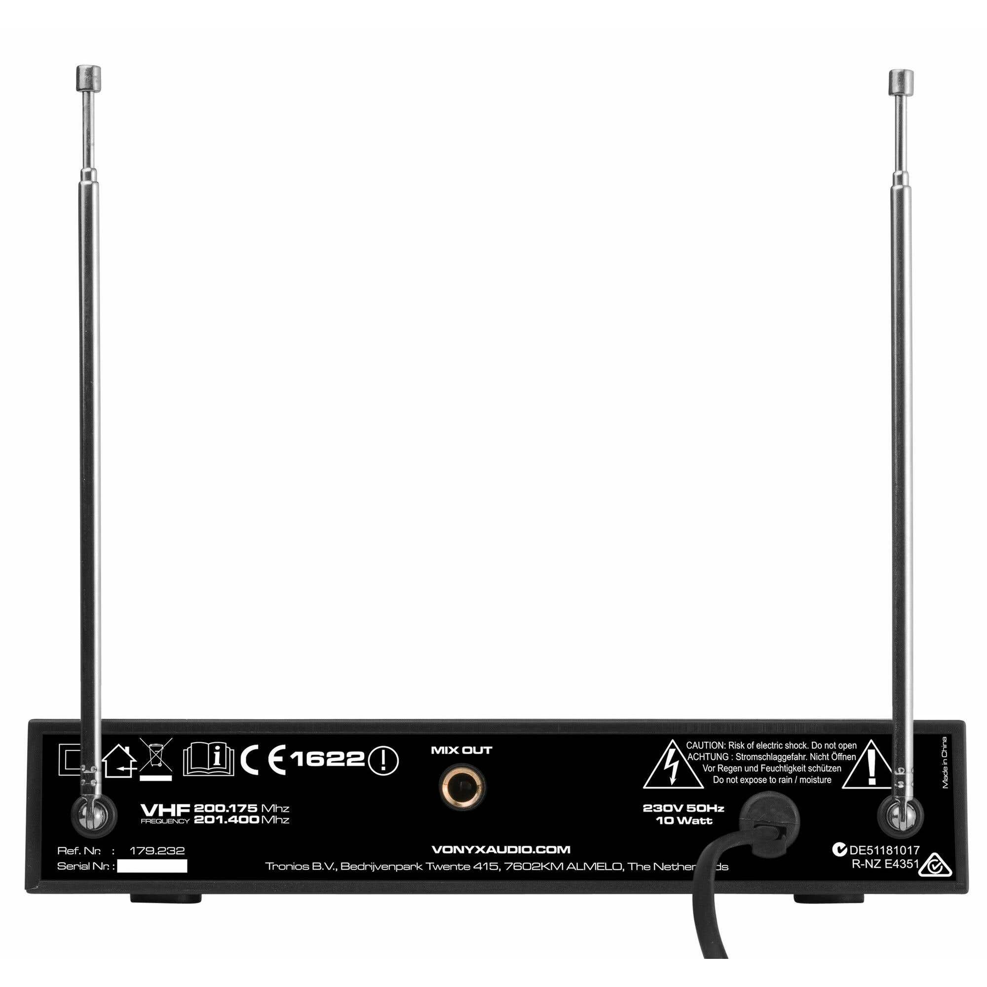 Black radio receiver with two antennas, and labels indicating frequency and power. It has a power cord.