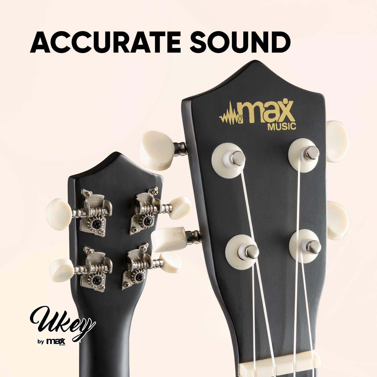 Primer plano de dos ukeleles negros. Se ven los clavijeros, con clavijas y el logotipo de Max Music. El texto 'ACCURATE SOUND' está arriba.