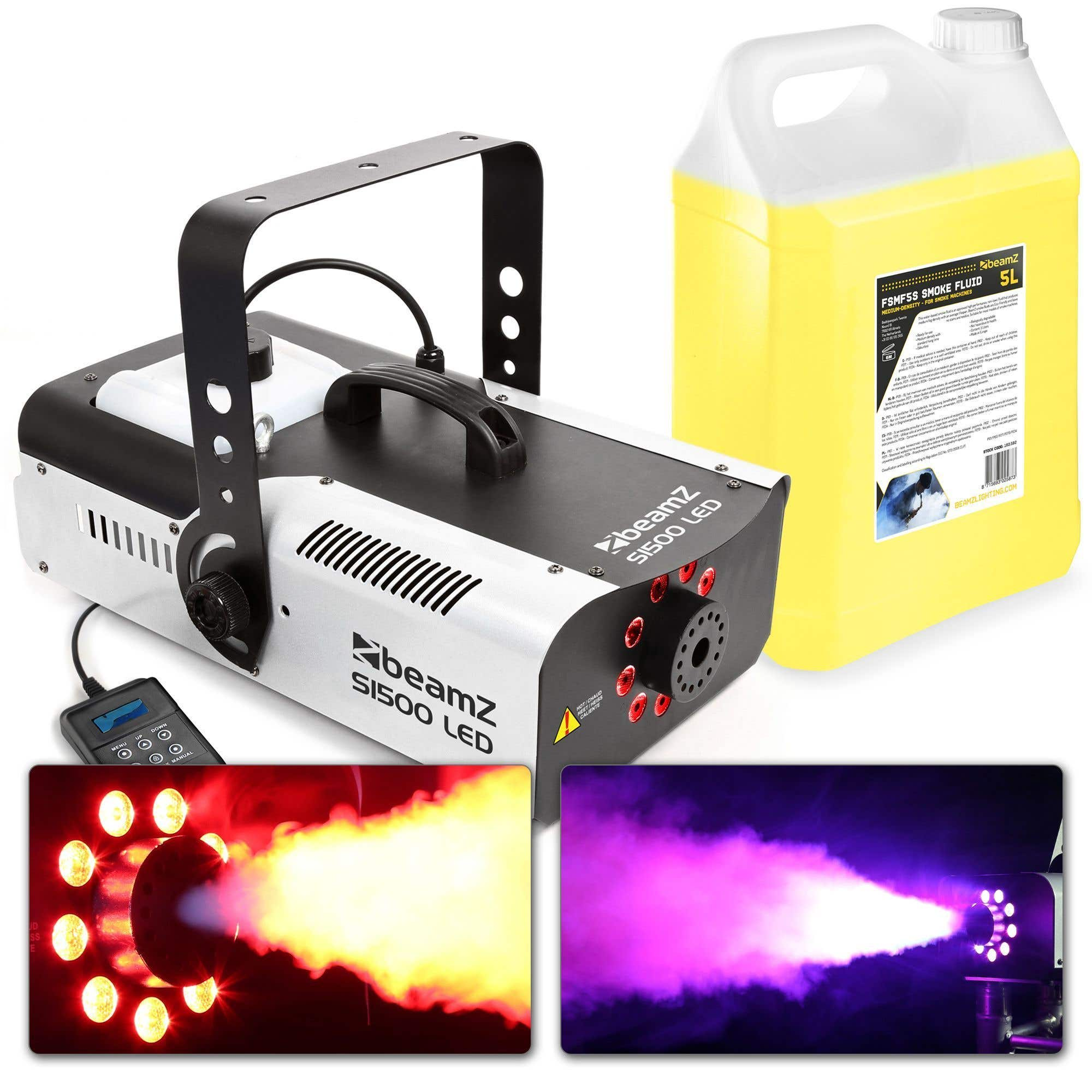 Una máquina de humo con un recipiente de líquido amarillo. La máquina emite humo rojo y morado. Las etiquetas dicen 'beamz S1500 LED'.