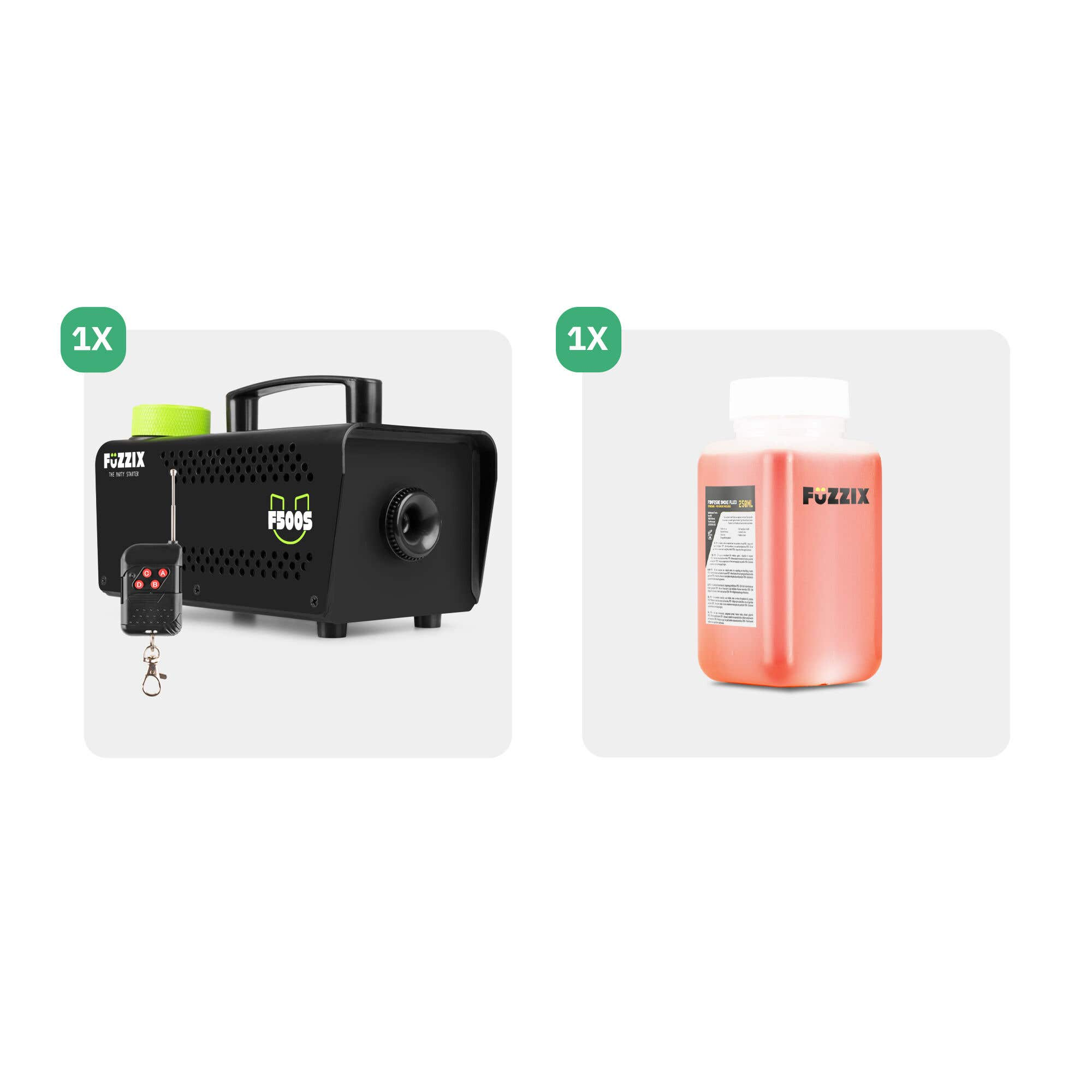 Dos elementos: una máquina de niebla Fuzzix F500S negra con control remoto y una botella de líquido de niebla roja de Fuzzix.