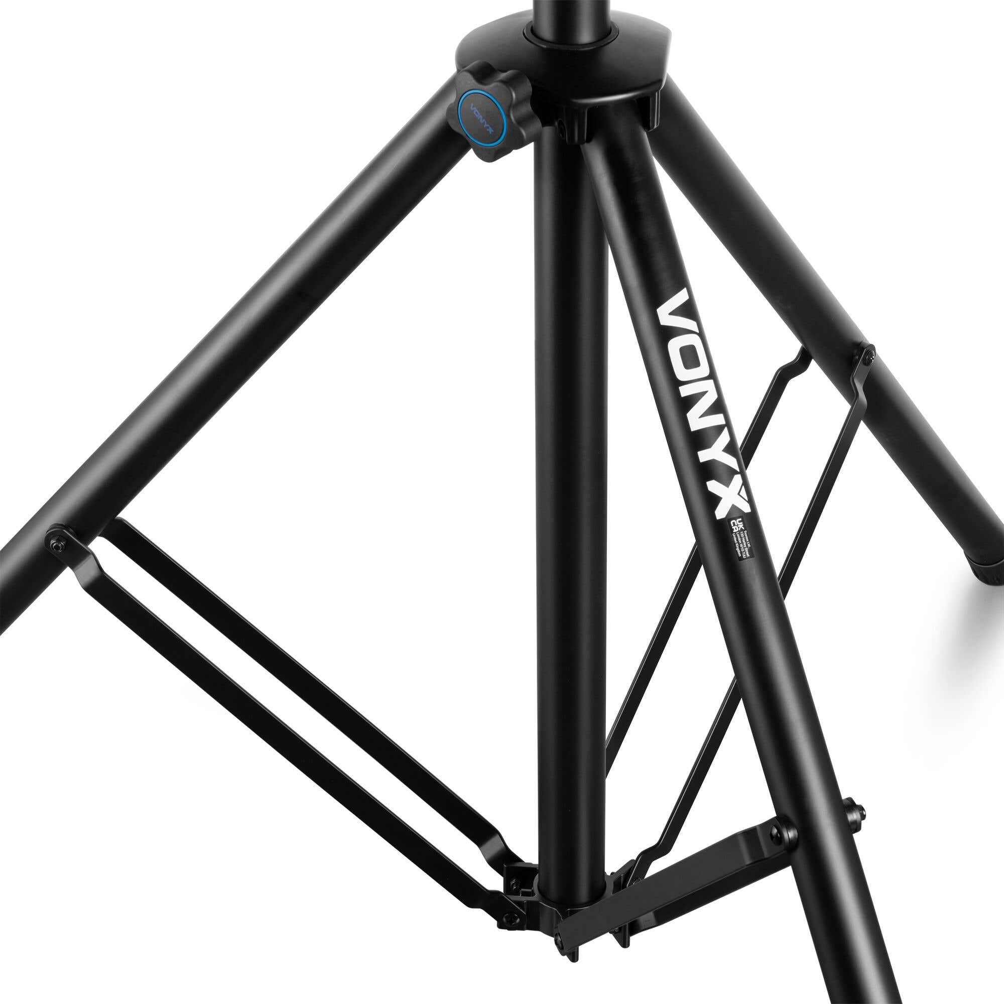 Trípode Vonyx negro. Cuenta con patas ajustables, una columna central de soporte y una perilla de ajuste azul.