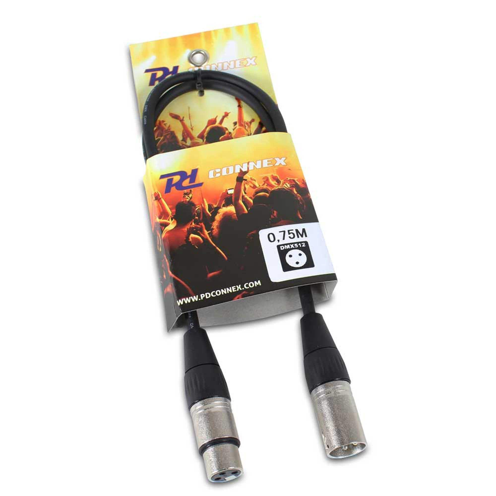 Un cavo DMX512 con connettori neri e un cavo nero è presentato in una confezione PD Connex.