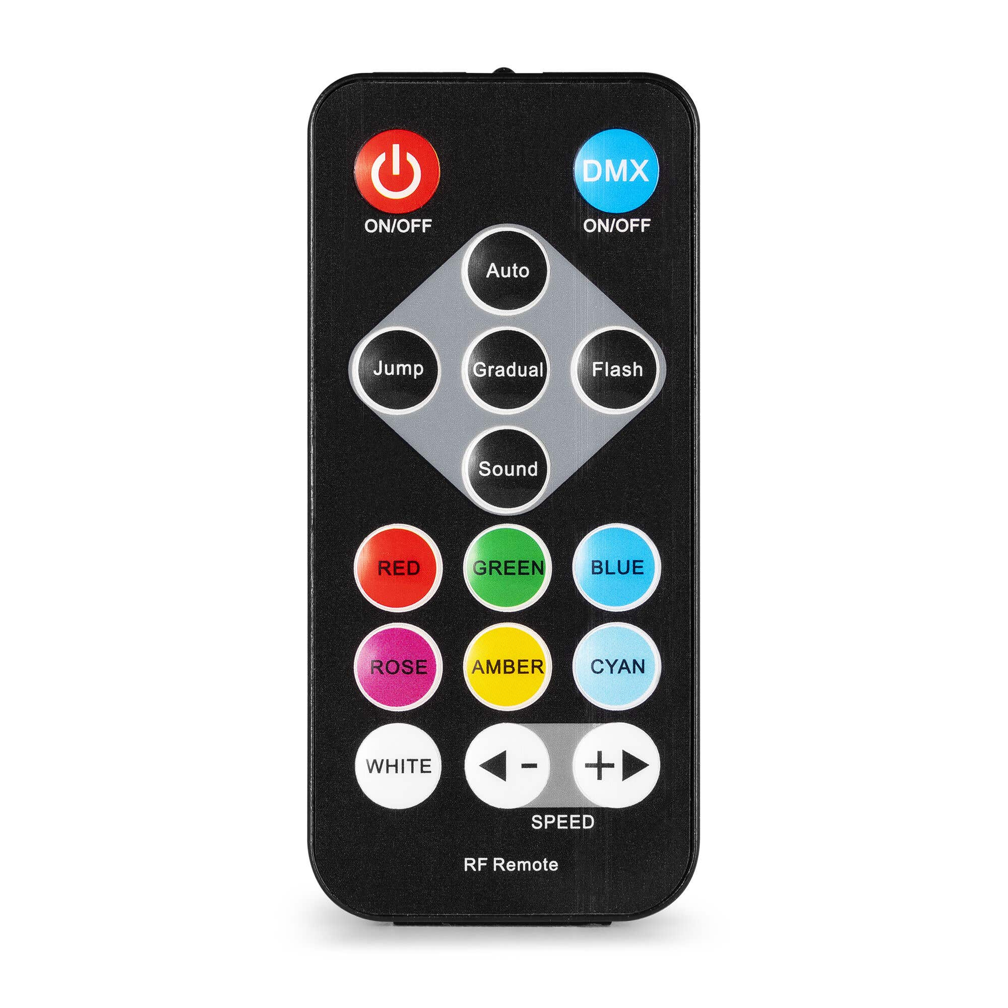Mando a distancia RF negro con botones para encendido, DMX, colores y efectos. Incluye control de velocidad y etiquetas.