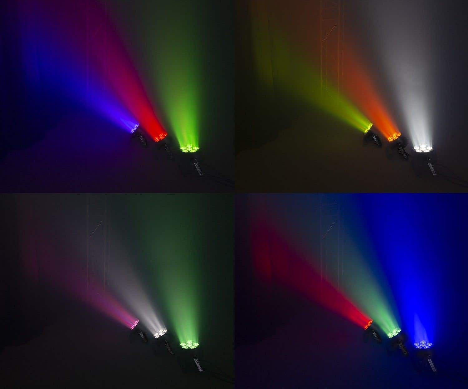 Cuatro conjuntos de luces de escenario proyectan haces de color: morado, rojo, verde y blanco. Cada conjunto emite una combinación de colores diferente.
