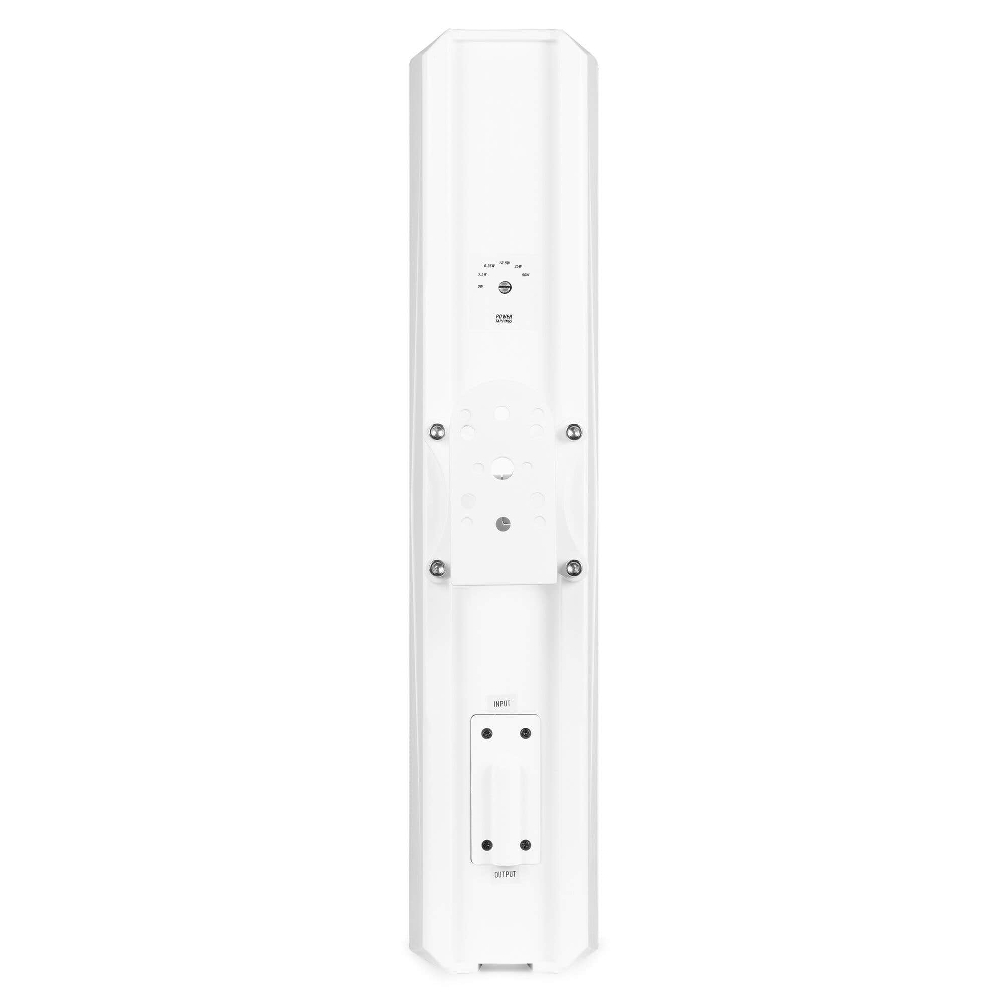 Dispositivo rectangular blanco con etiquetas 'Entrada' y 'Salida'. Incluye puntos de montaje y ajustes de energía.