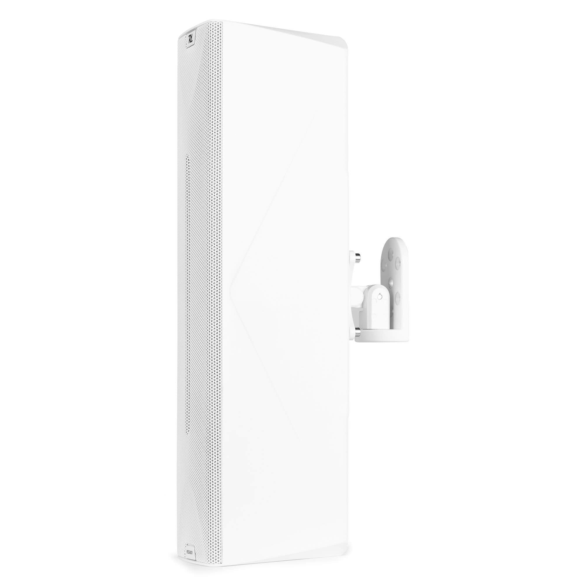 Antena rectangular blanca con lado perforado, montada en un soporte blanco ajustable. Fondo blanco.