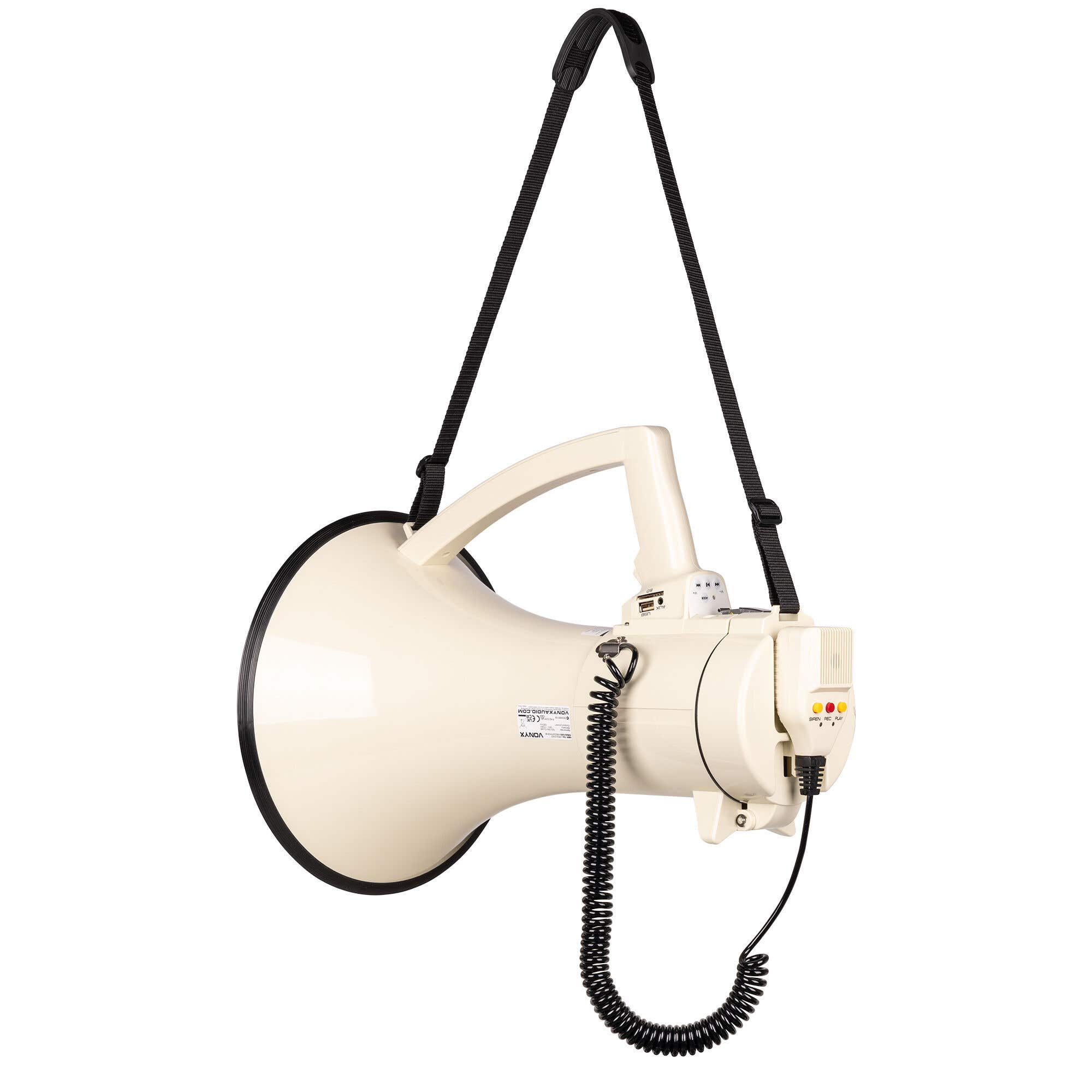 A beige megaphone with a black handle and strap. It has a coiled black cable, with buttons and lights on the side.