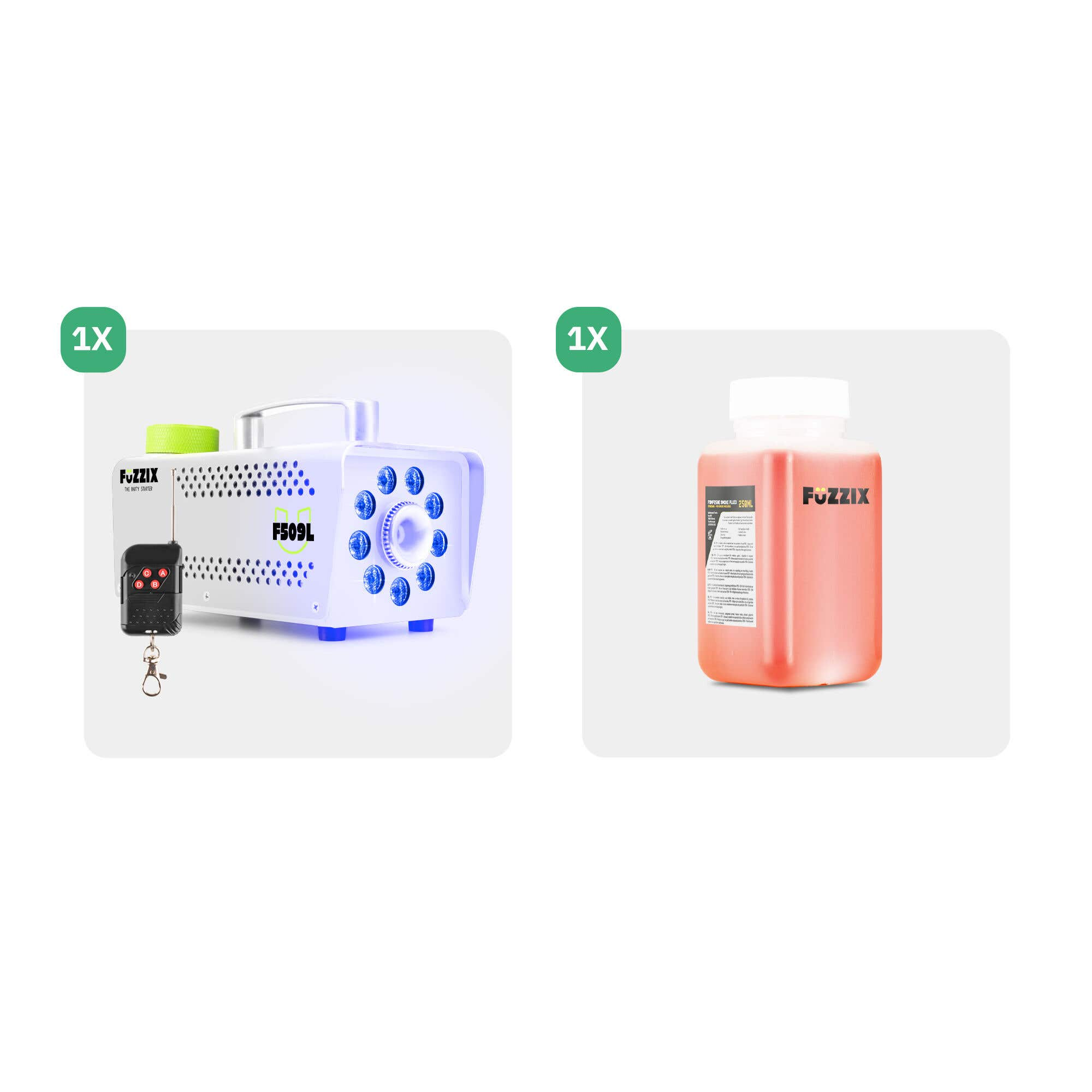 Se muestra una máquina de humo, un control remoto y una botella de líquido para humo. La máquina es blanca y azul, y el líquido es naranja.