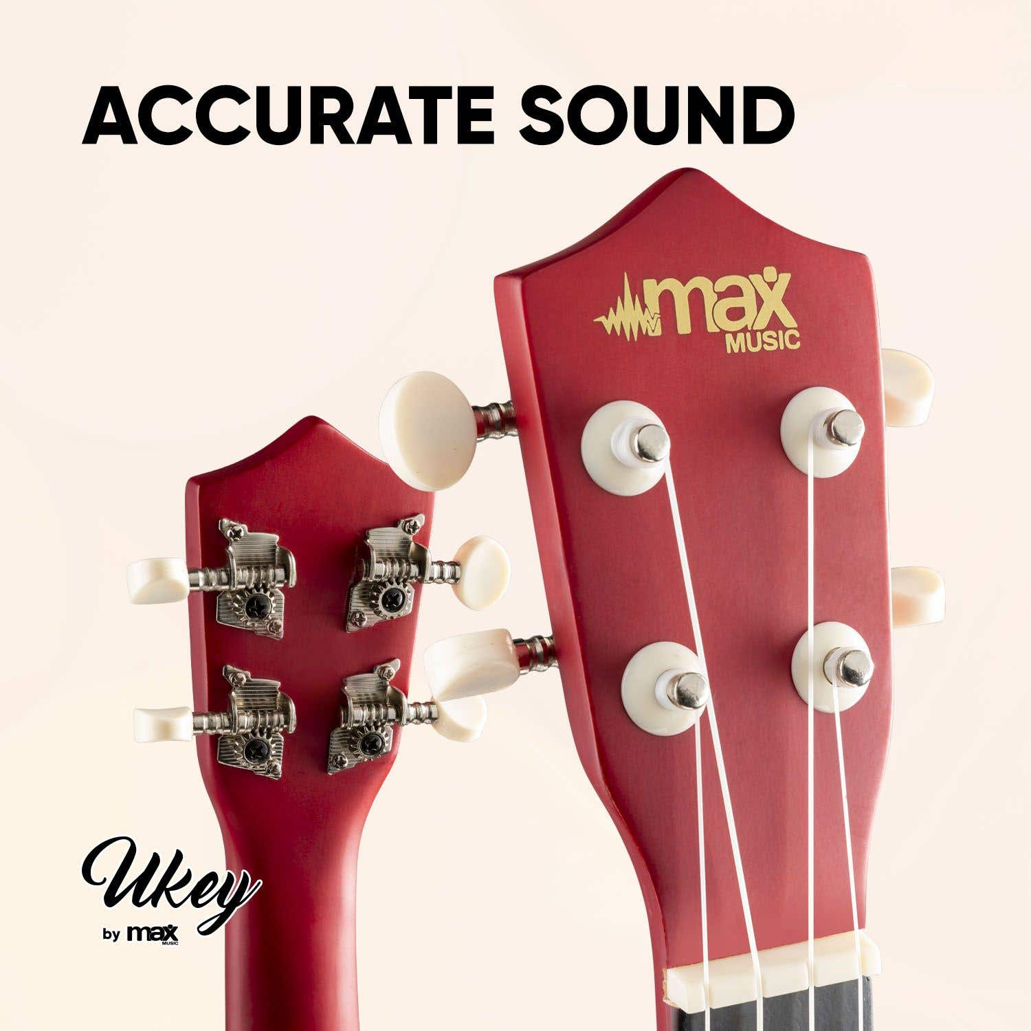 Dos ukeleles rojos con clavijas blancas. Las cabezas están etiquetadas con "max MUSIC" y "Ukey by max".  "ACCURATE SOUND" está escrito arriba.