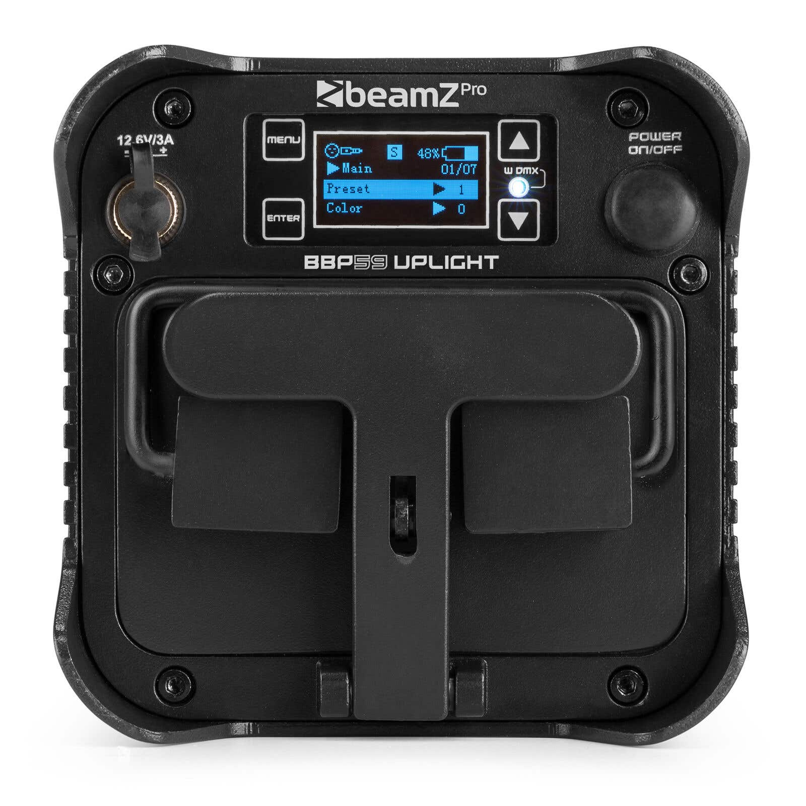 BeamZ Pro BBP59 Uplight negro. Tiene una pantalla con ajustes, botones y entrada de alimentación.