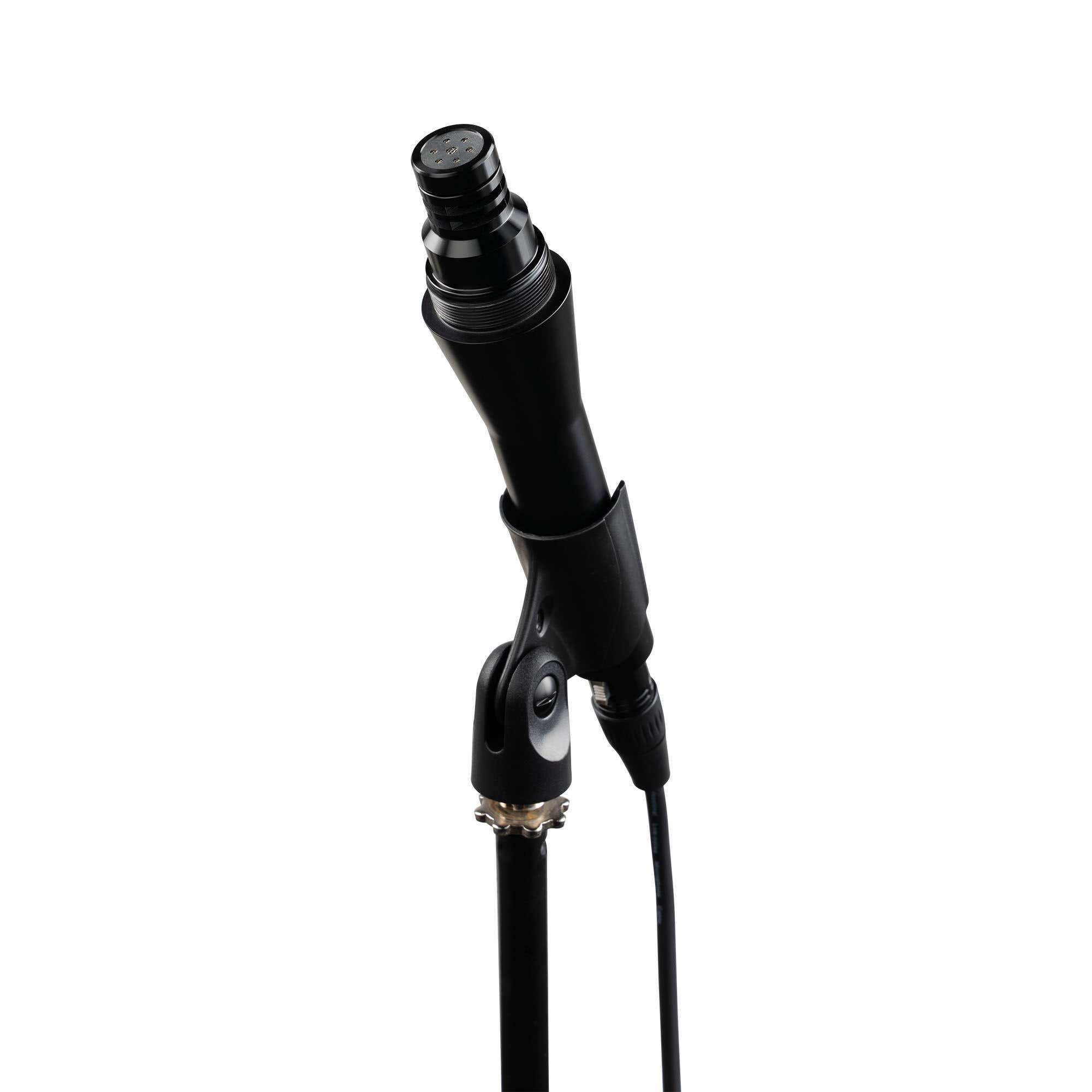 A black microphone on a stand, angled slightly. The stand and microphone are against a white background.