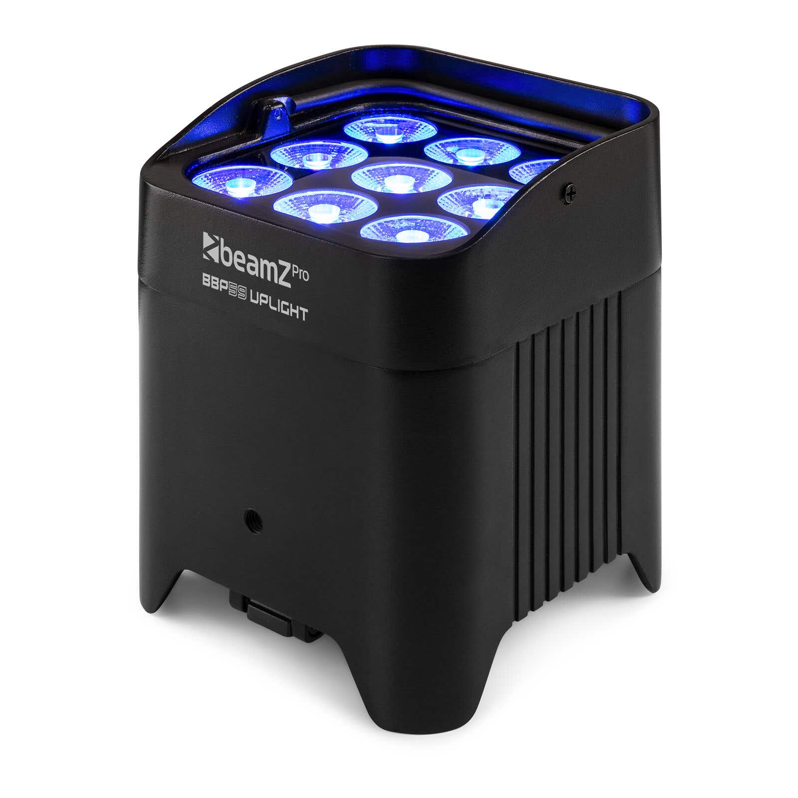 Beamz Pro BBP59 Uplight negro con luces azules en la parte superior. Tiene forma rectangular con un lado acanalado.