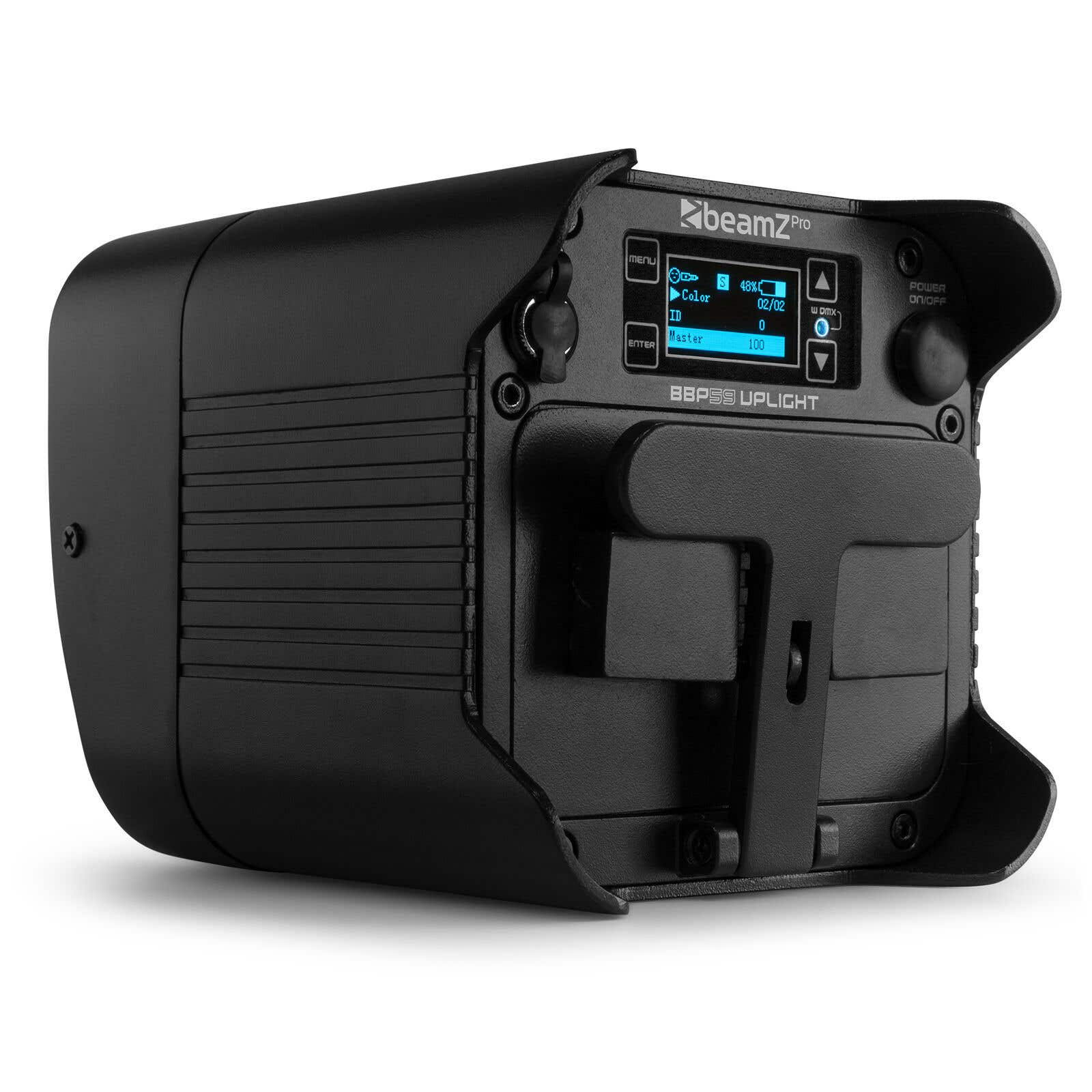 Beamz Pro uplight negro. Tiene una pantalla con ajustes y botones. Botón de encendido/apagado lateral.