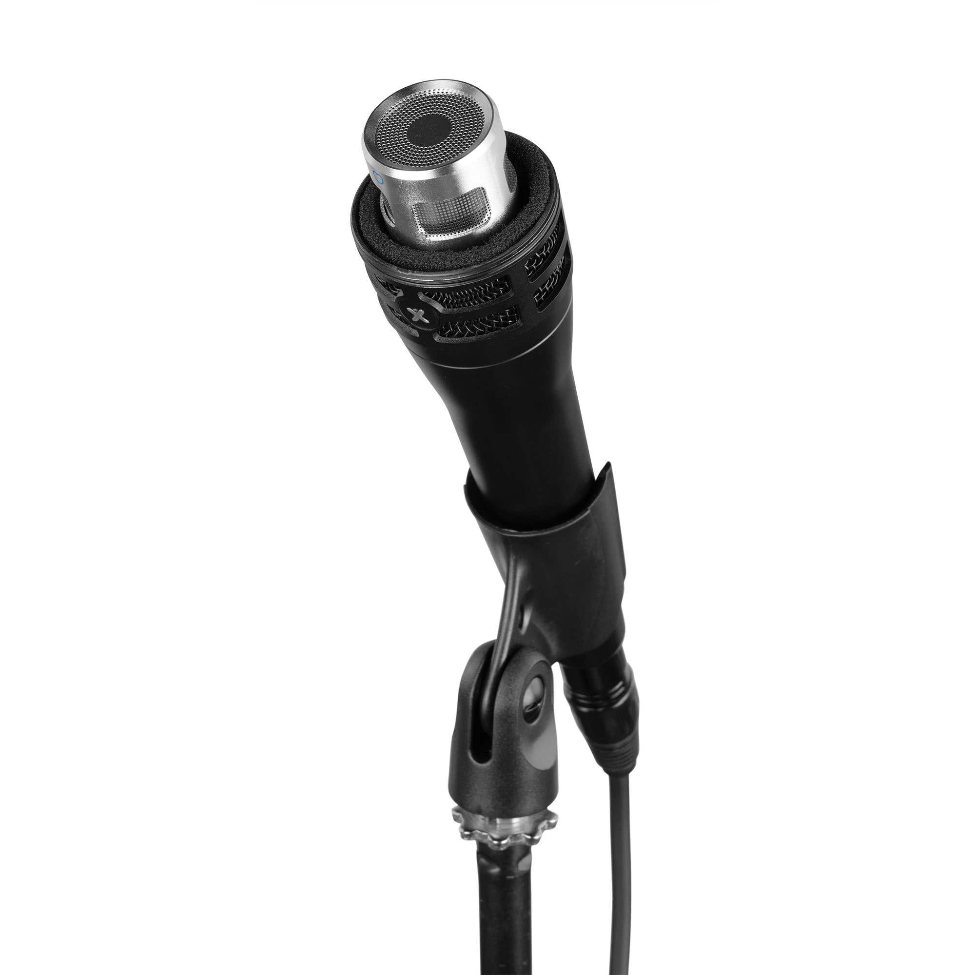 A black microphone on a stand. The microphone head is silver, and the stand is black with a cable.