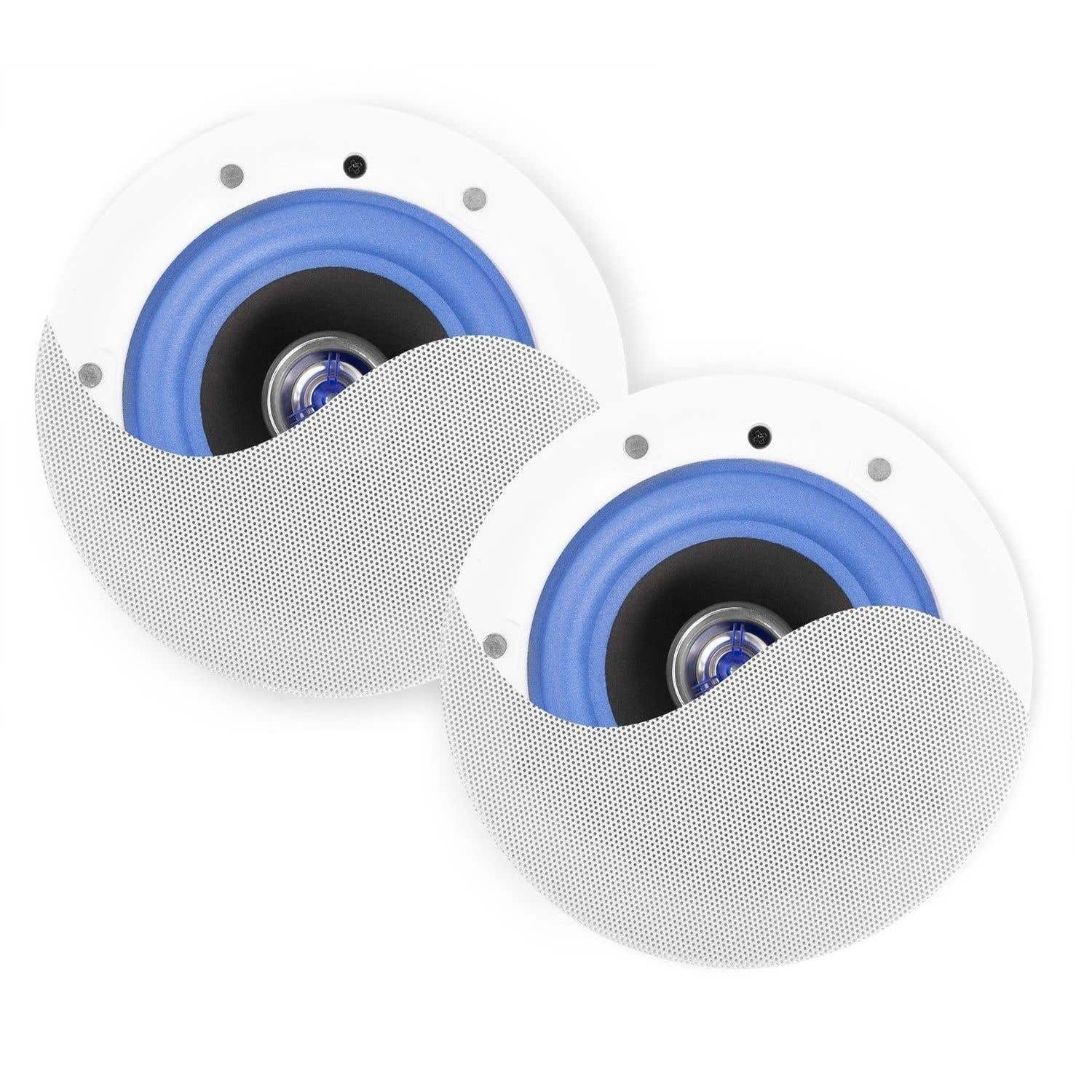 Dos altavoces redondos blancos con centros azules y negros. Cada uno tiene una cubierta perforada. Se ven pequeños puntos negros y grises.