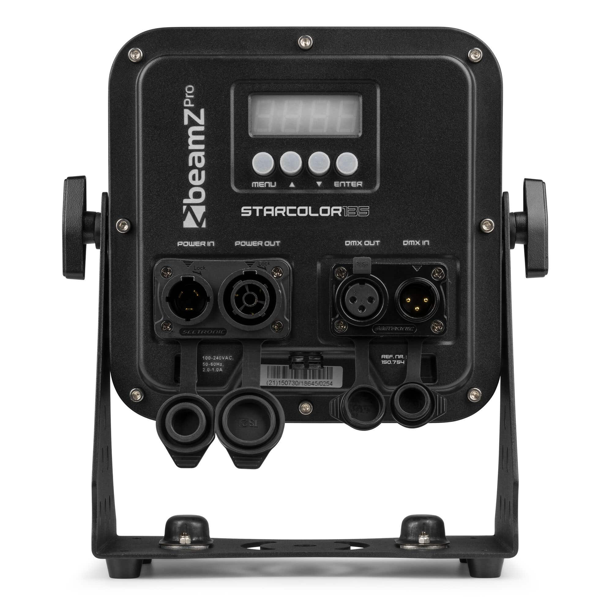 Luminaria negra Beamz Pro Starcolor 135. Tiene entradas, salidas y una pantalla digital.