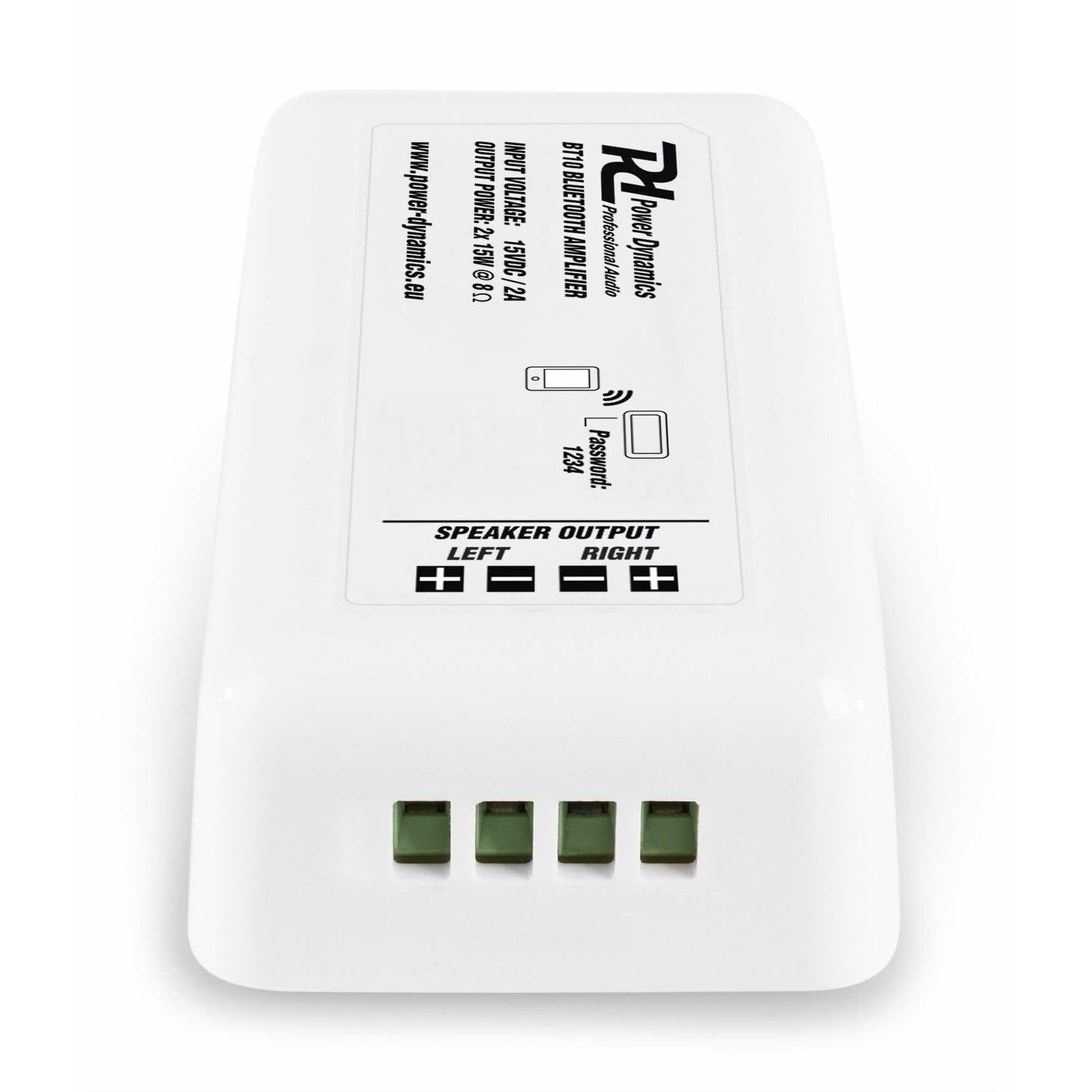 Amplificador Bluetooth Power Dynamics BT10 blanco. Texto con especificaciones y salida de altavoz. Terminales verdes en la parte inferior.
