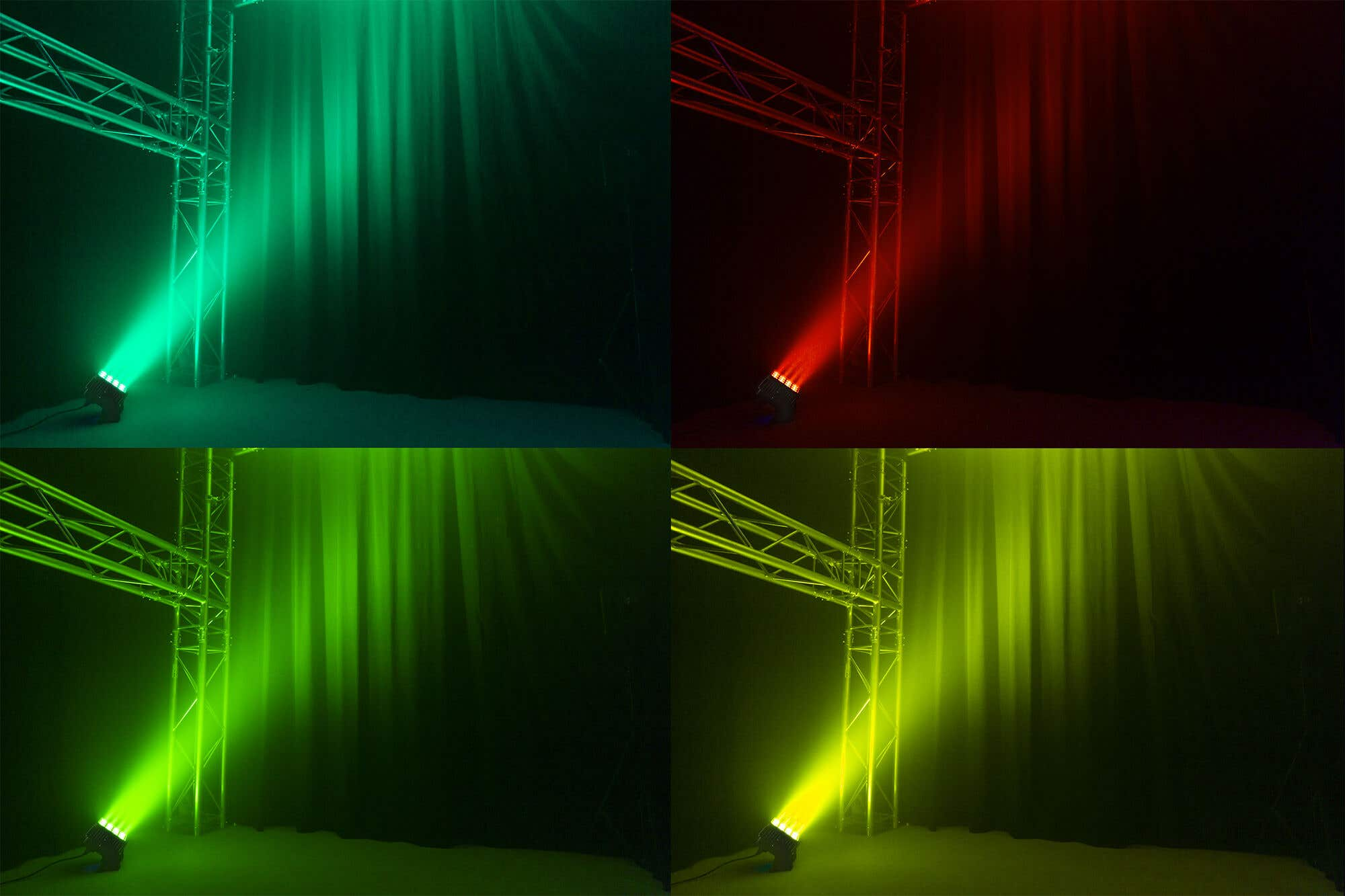 Cuatro escenas muestran luces de escenario en verde, rojo y amarillo. Estructuras metálicas en primer plano. Rayos de luz llenan el espacio oscuro.