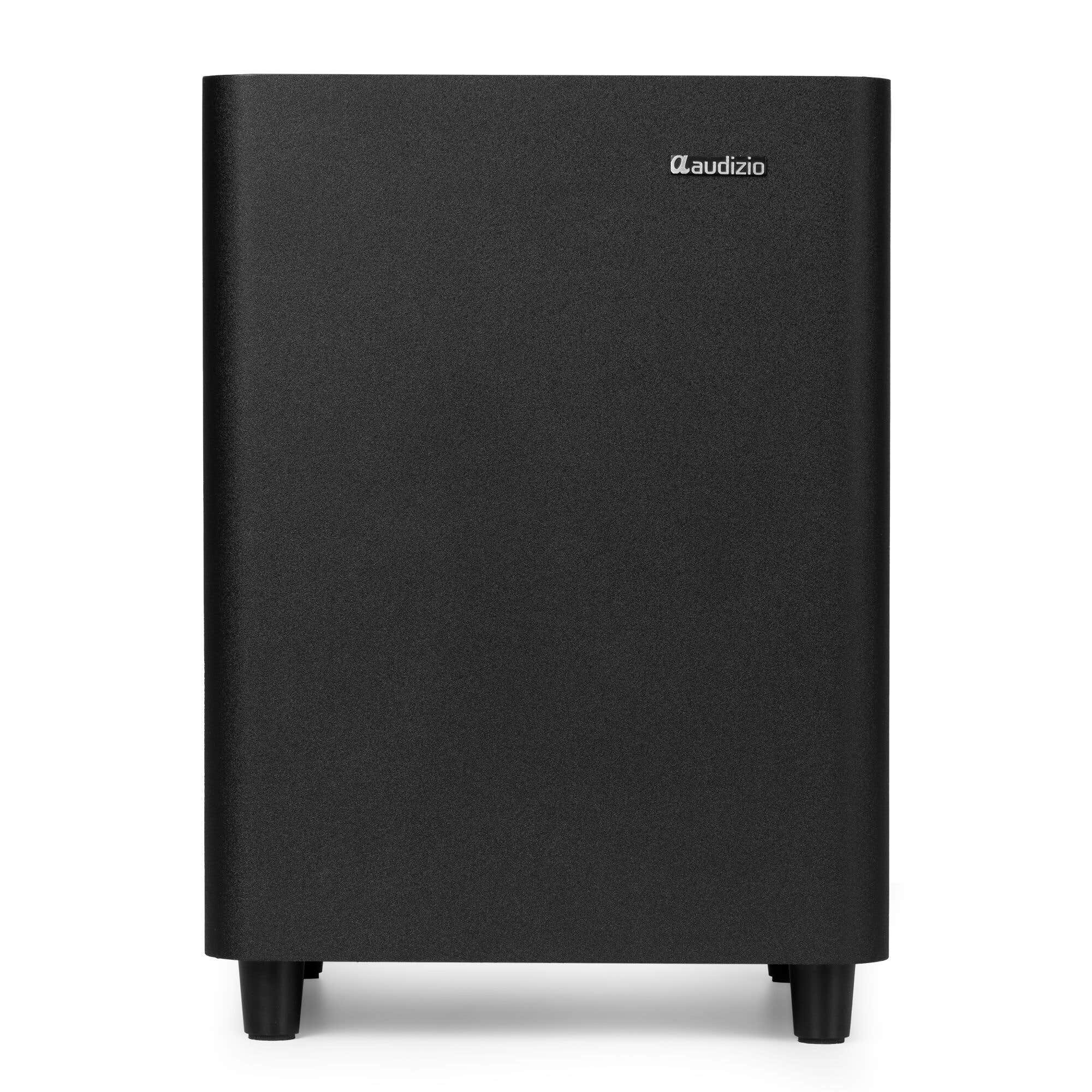 Subwoofer rectangular negro con el logo 'a-udizio' arriba a la derecha. Tiene cuatro patas pequeñas y una superficie texturizada.